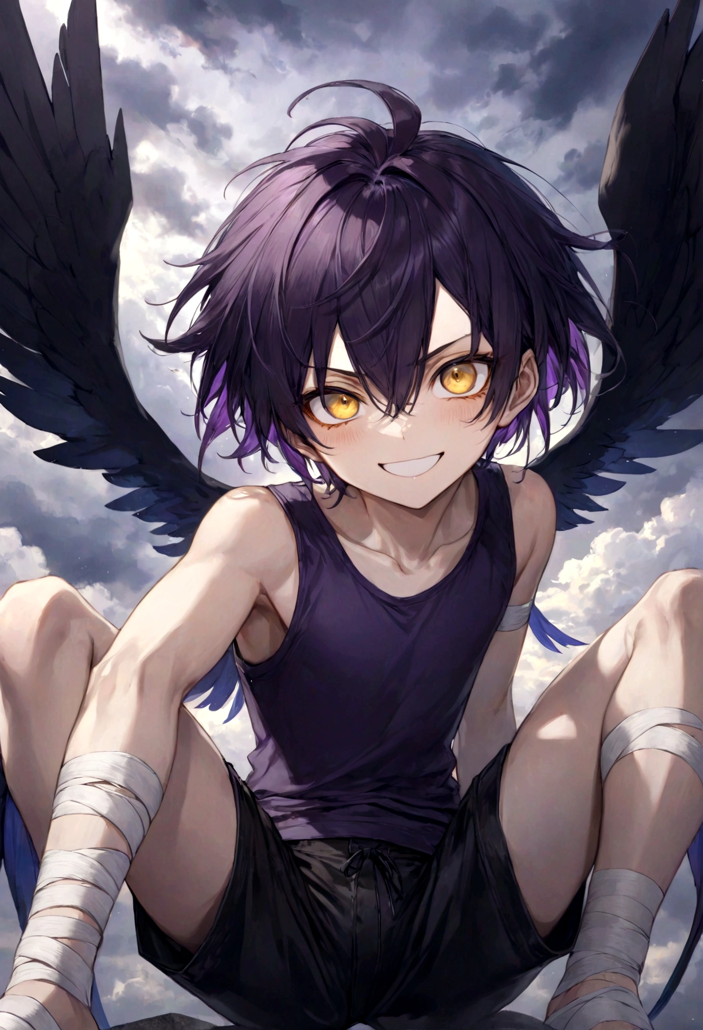 ((top-quality)), ((masterpiece)), ((ultra-detailliert)), (extremely delicate and beautiful), harpy boy, bandages on feet, mischievous smile, dark purple hair, golden eyes, constricted pupils, dark purple wings, well fitted black tank top, dark black shorts, stormy sky background
