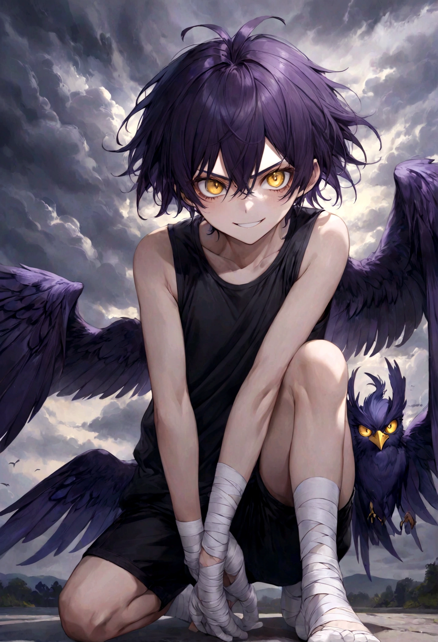 ((top-quality)), ((masterpiece)), ((ultra-detailliert)), (extremely delicate and beautiful), harpy boy, bandages on feet, mischievous smile, dark purple hair, golden eyes, constricted pupils, dark purple wings, well fitted black tank top, dark black shorts, stormy sky background