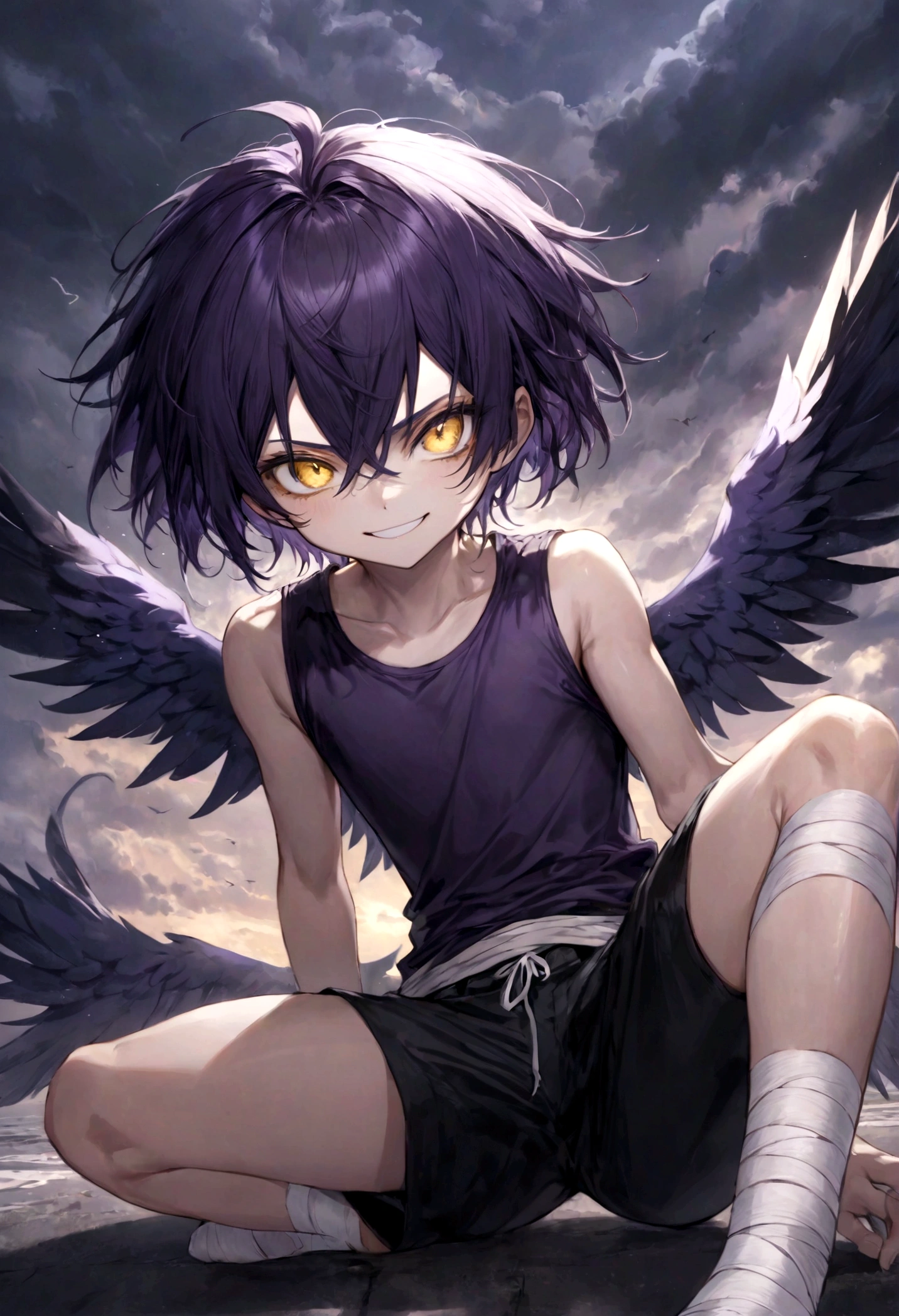 ((top-quality)), ((masterpiece)), ((ultra-detailliert)), (extremely delicate and beautiful), harpy boy, bandages on feet, mischievous smile, dark purple hair, golden eyes, constricted pupils, dark purple wings, well fitted black tank top, dark black shorts, stormy sky background