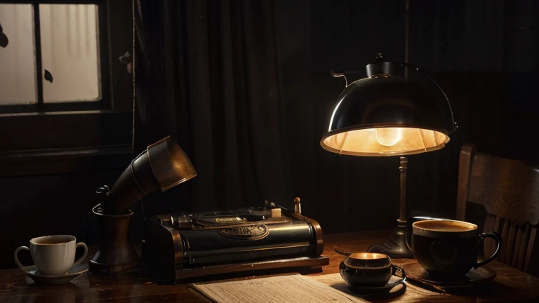 (best quality,4k,8k,highres,masterpiece:1.2),ultra-detailed,(realistic,photorealistic,photo-realistic:1.37),the desk,dark lighting,vintage film noir style,black and white color tones,classic typewriter,old leather notebook,stack of letters,mysterious atmosphere,dusty bookshelves,dimly lit room,antique lamp,smoky ambiance,thick curtains,shadowy corners,reflection on glossy wood surface,inky black ink,old-fashioned pen,candlelight flickering,creaky wooden chair,vintage clock ticking,secretive aura,quiet solitude,rain splattering on window pane,soft jazz music playing from a gramophone,lone coffee cup,silhouette of a person writing,ink stains on vintage paper.