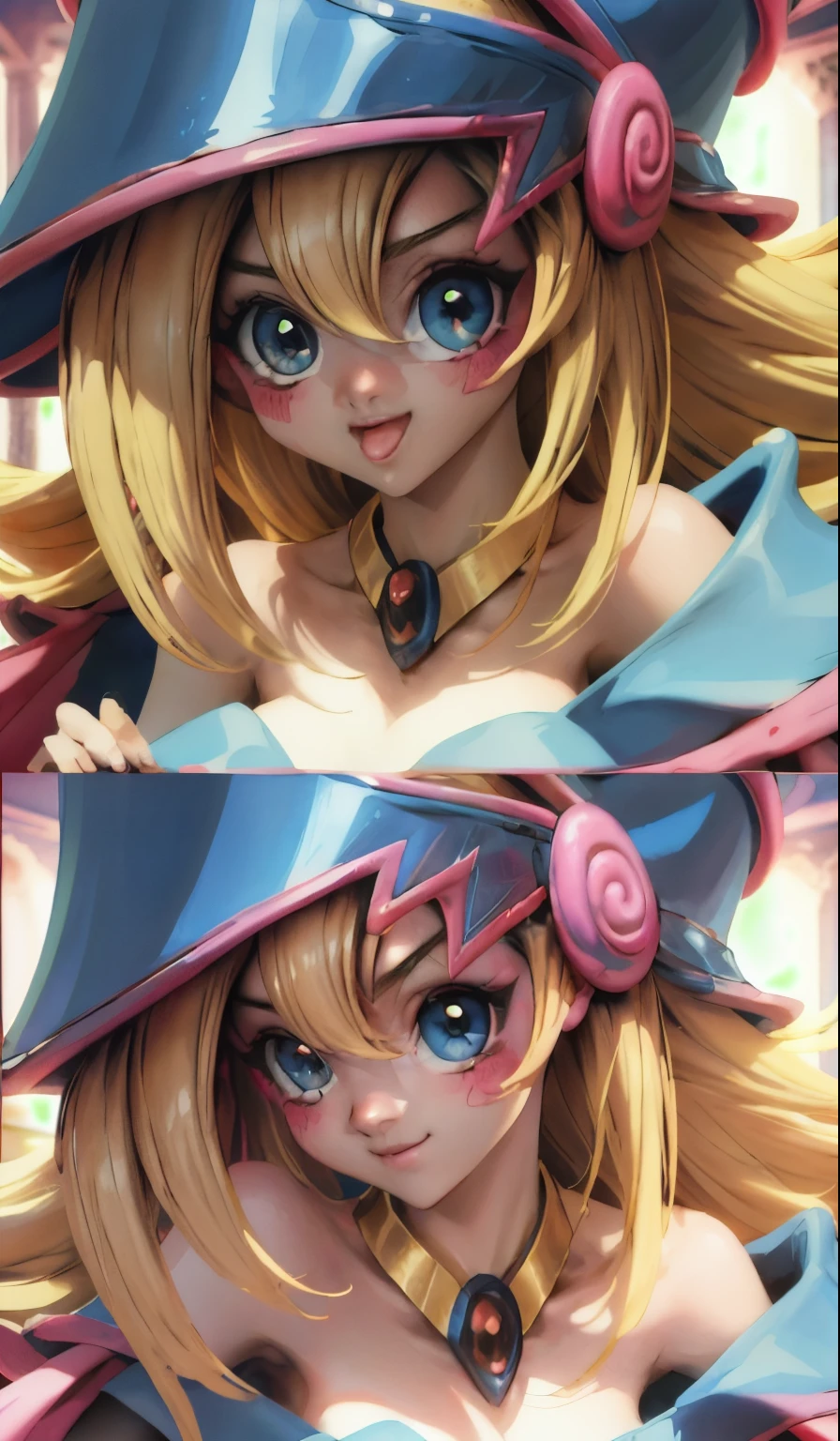 Crear el hermoso rostro de dark magician gils. Ojos azules. Labios rosados. Tez blanca. Cabello rubio. Tender girl smile. Dark magician gils