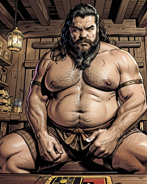 He is sitting facing the viewer Holding his cards with both hands. He looks menacing, Just chubby plump extremely thick thighs (melhor qualidade,4K,8k,high resolution,obra de arte:1.2),ultra-detalhado,realista:1.37,homens,grown-up homens,old homens,fat white muscular homens,cabelo da barriga,large bulges, (((he is in a viking tavern holding magic cards with his hands, he is in a game of magic cards inside a bad tavern, he wears a mystical wizard's overcoat))). pants,camisa xadrez,barba,nojento,60-year-old homens,family,pai,barriga de urso,terno de abertura. Sentado na beirada da cama. apenas usando sunga no corpo. Looking at the spectator gesturing with his hands. Asking for your hand, pedindo um objeto., Se adequa, vetor, mwvetor