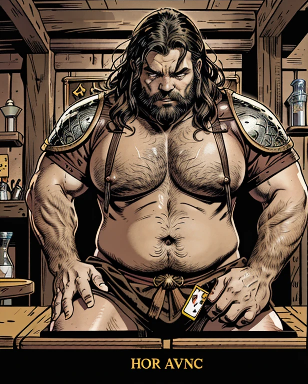 He is sitting facing the viewer Holding his cards with both hands. He looks menacing, Just chubby plump extremely thick thighs (melhor qualidade,4K,8k,high resolution,obra de arte:1.2),ultra-detalhado,realista:1.37,homens,grown-up homens,old homens,fat white muscular homens,cabelo da barriga,large bulges, (((he is in a viking tavern holding magic cards with his hands, he is in a game of magic cards inside a bad tavern, he wears a mystical wizard's overcoat))). pants,camisa xadrez,barba,nojento,60-year-old homens,family,pai,barriga de urso,terno de abertura. Sentado na beirada da cama. apenas usando sunga no corpo. Looking at the spectator gesturing with his hands. Asking for your hand, pedindo um objeto., Se adequa, vetor, mwvetor