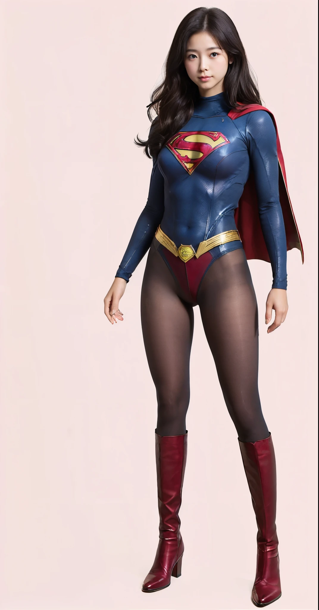 No background、(((Beautiful legs in black tights.)))、(((Legally express the beauty of your smile)))、((((Make the most of your original images)))、(((Supergirl Costume)))、(((Beautiful hairstyle)))、(((suffering)))、(((Please wear black tights....、Wear red boots)))、((Best image quality、8k))、((highest quality、8k、masterpiece:1.3))、(((Preserve background )))、Sharp focus:1.2、Beautiful woman with perfect figure:1.4、Slim Abs:1.2、Wet body:1.5、Highly detailed face and skin texture、8k