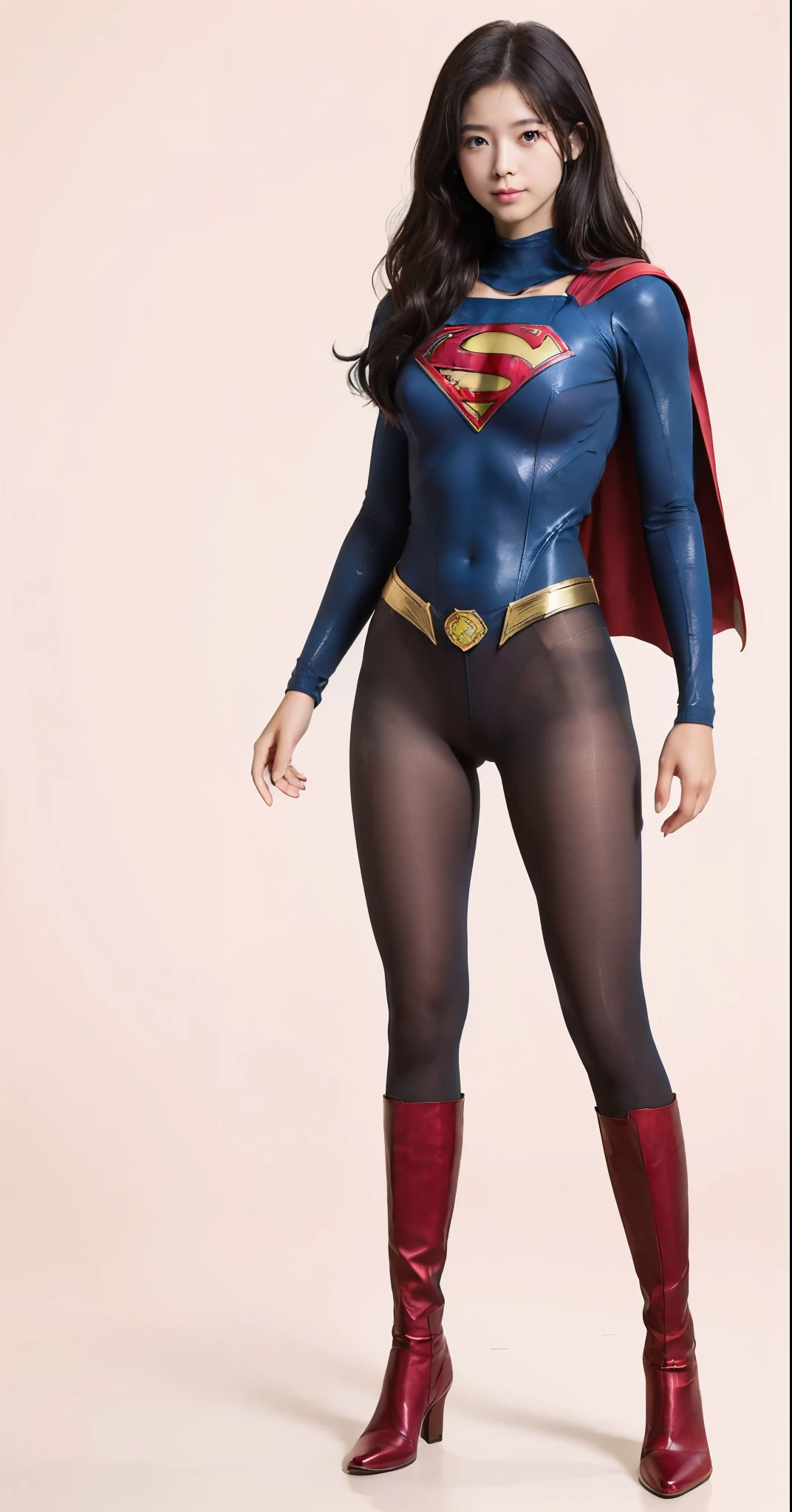 No background、(((Beautiful legs in black tights.)))、(((Legally express the beauty of your smile)))、((((Make the most of your original images)))、(((Supergirl Costume)))、(((Beautiful hairstyle)))、(((suffering)))、(((Please wear black tights....、Wear red boots)))、((Best image quality、8k))、((highest quality、8k、masterpiece:1.3))、(((Preserve background )))、Sharp focus:1.2、Beautiful woman with perfect figure:1.4、Slim Abs:1.2、Wet body:1.5、Highly detailed face and skin texture、8k