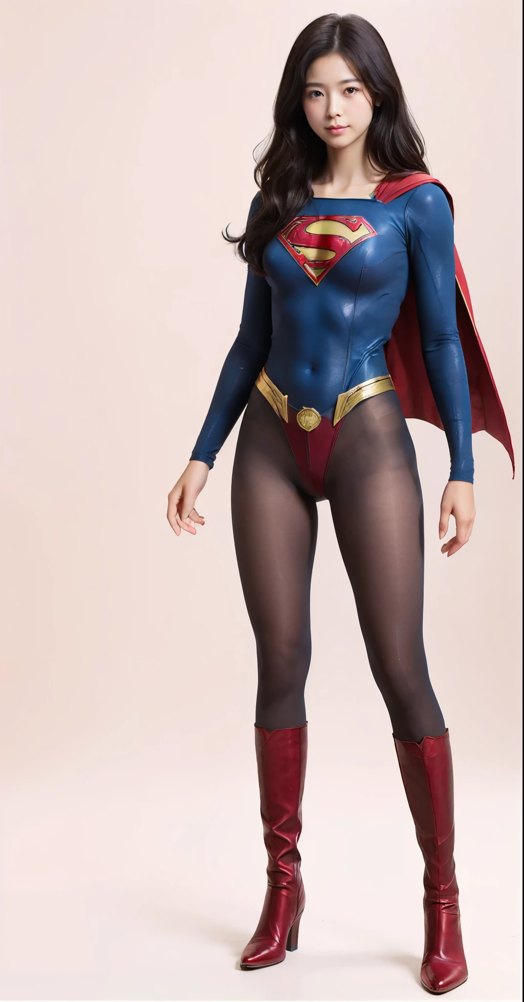 No background、(((Beautiful legs in black tights.)))、(((Legally express the beauty of your smile)))、((((Make the most of your original images)))、(((Supergirl Costume)))、(((Beautiful hairstyle)))、(((suffering)))、(((Please wear black tights....、Wear red boots)))、((Best image quality、8k))、((highest quality、8k、masterpiece:1.3))、(((Preserve background )))、Sharp focus:1.2、Beautiful woman with perfect figure:1.4、Slim Abs:1.2、Wet body:1.5、Highly detailed face and skin texture、8k