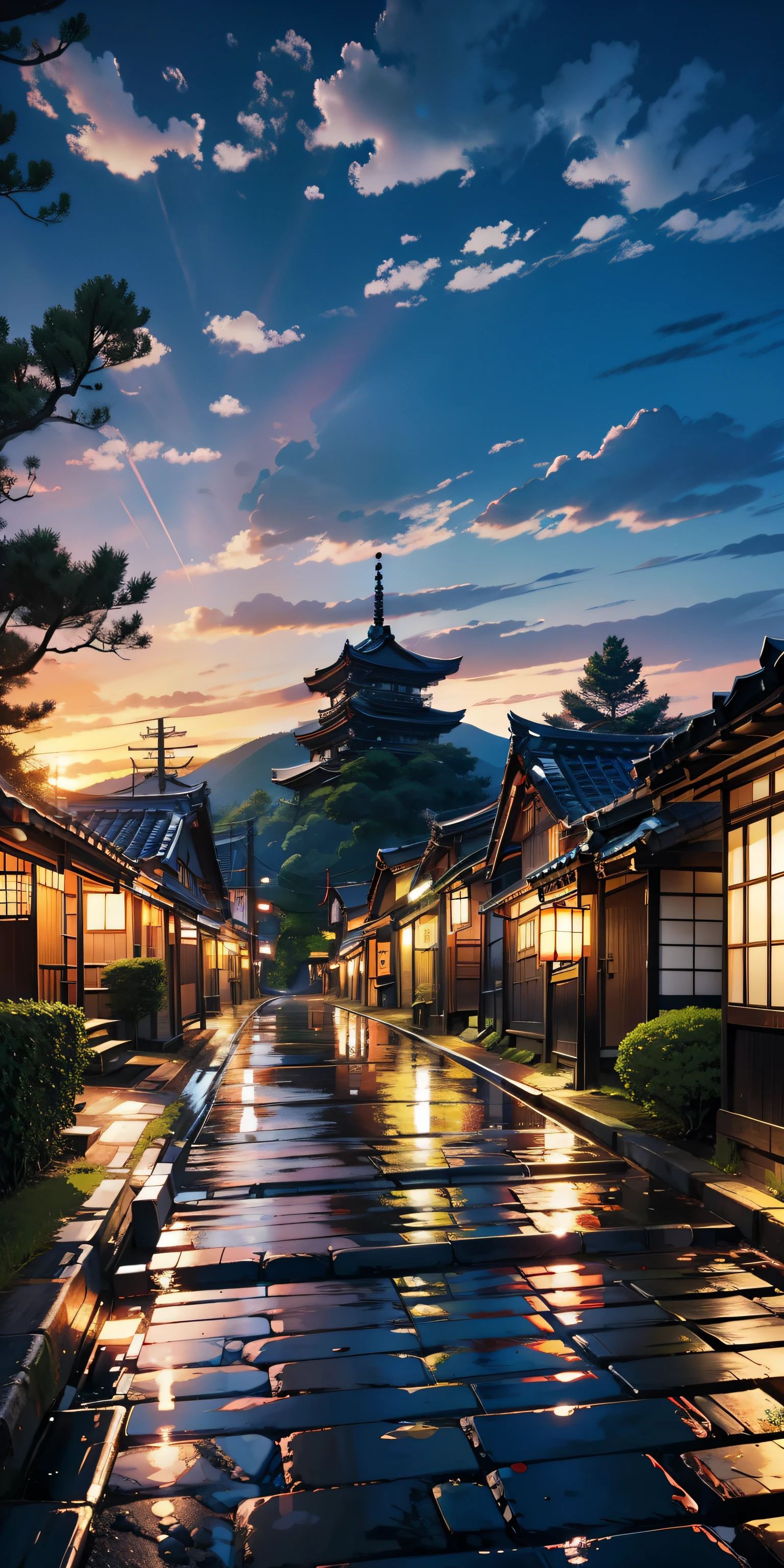 japanese rural town、cobblestone road、Big trees、at the sunset