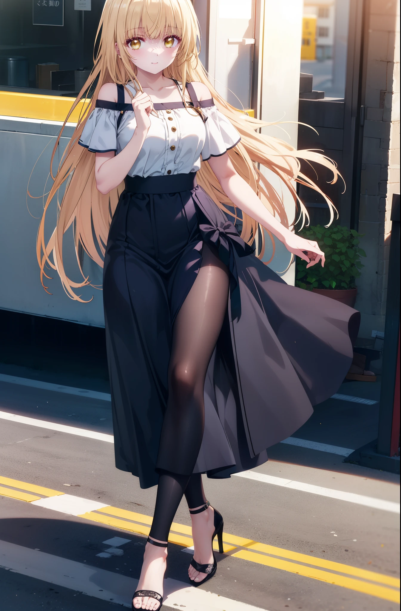 mahirushiina, Mahiru shiina, Long Hair, bangs, Blonde Hair, Brown Hair, (Yellow Eyes:1.3), smile,Cold shoulder tops,Short sleeve,Long skirt,Black pantyhose,Stiletto heels,Walking,whole bodyがイラストに入るように,morning,morning陽,The sun is rising,
break outdoors, Building district,
break looking at viewer,whole body,
break (masterpiece:1.2), highest quality, High resolution, unity 8k wallpaper, (figure:0.8), (Beautiful fine details:1.6), Highly detailed face, Perfect lighting, Highly detailed CG, (Perfect hands, Perfect Anatomy),
