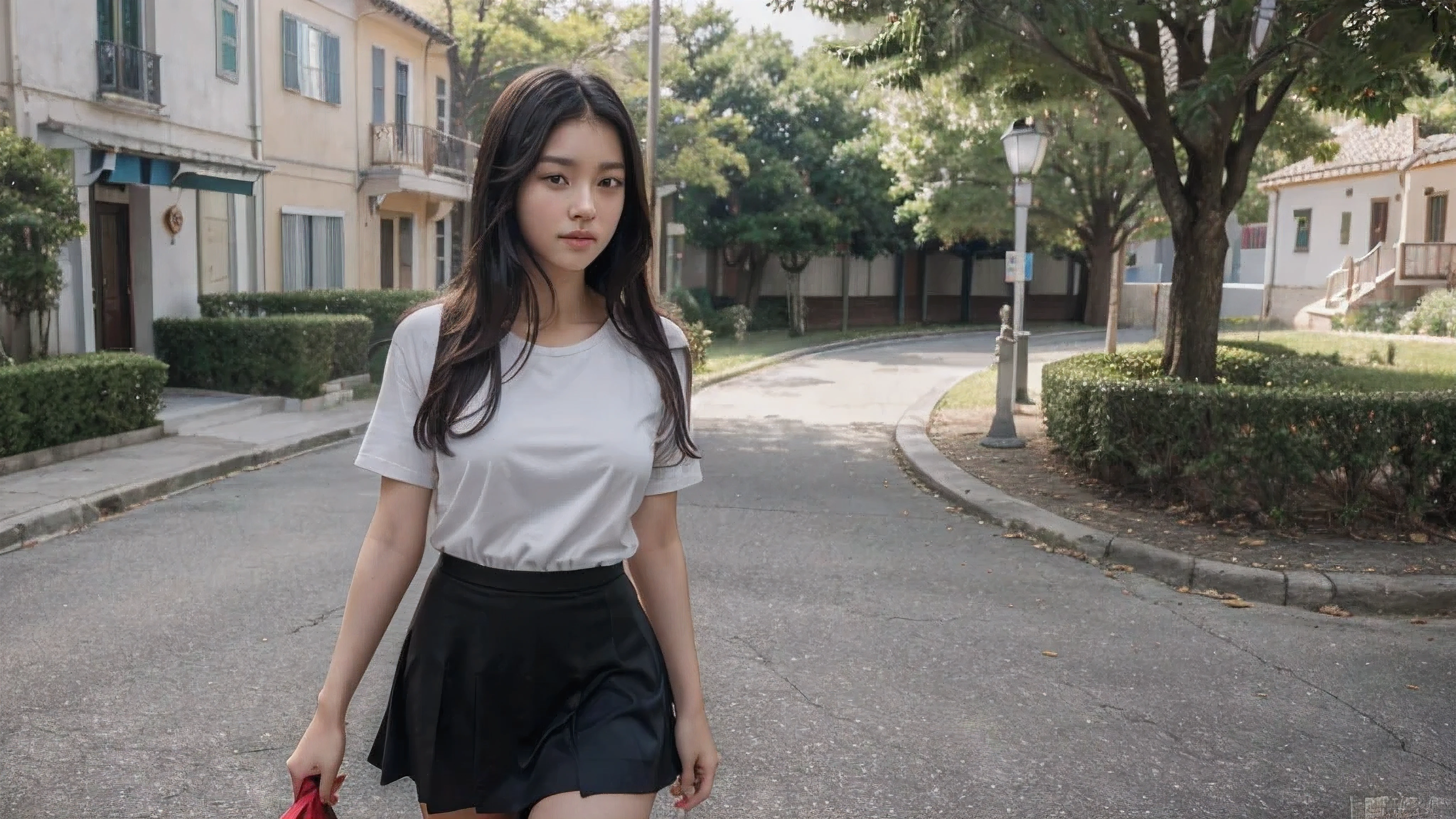 (8k, RAW photo, best quality, masterpiece:1.4), very high resolution, (realistic, photorealistic:1. 48), omertosa, 1 girl, (k-pop idol), similar to South Korean actress Kim Yoo Jung, cute dress, stockings, looks only at you, cool appearance, shy appearance, makes you feel like you want to protect her, walks around, steals everyone's glances, Apulia, insert physics into image, realistic weather, slight breeze, black hair, long hair, grey eyes tending to black, spring, end of school, red skirt, black T-shirt