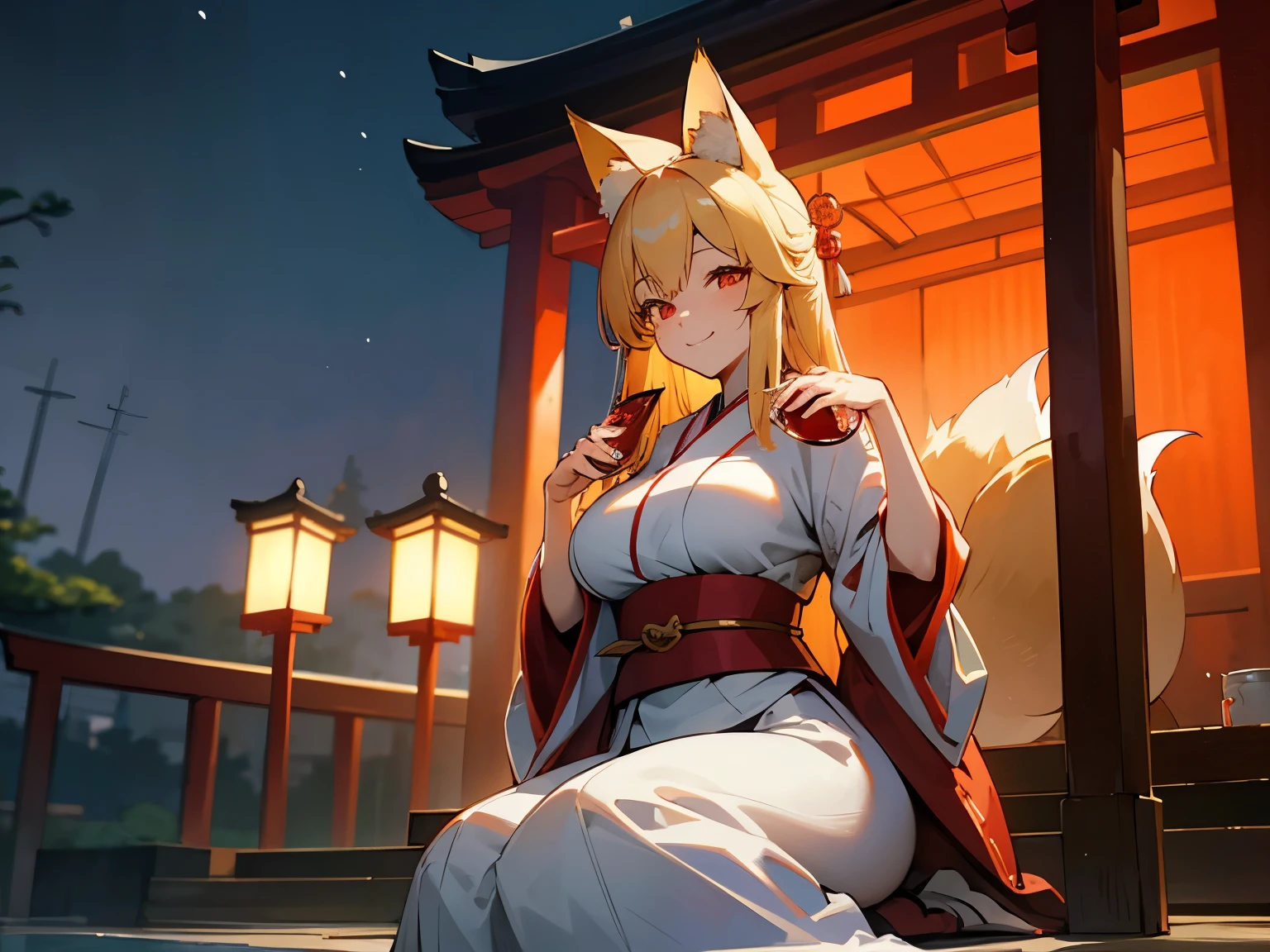 Lots of fox tails、Blonde、Fox Ears、Red eyes、Fox Earsの先は黒い、night、Japanese style shrine maiden、Japanese style shrine、Large breasted adult women、Drinking alcohol、Sitting、Smiling、
