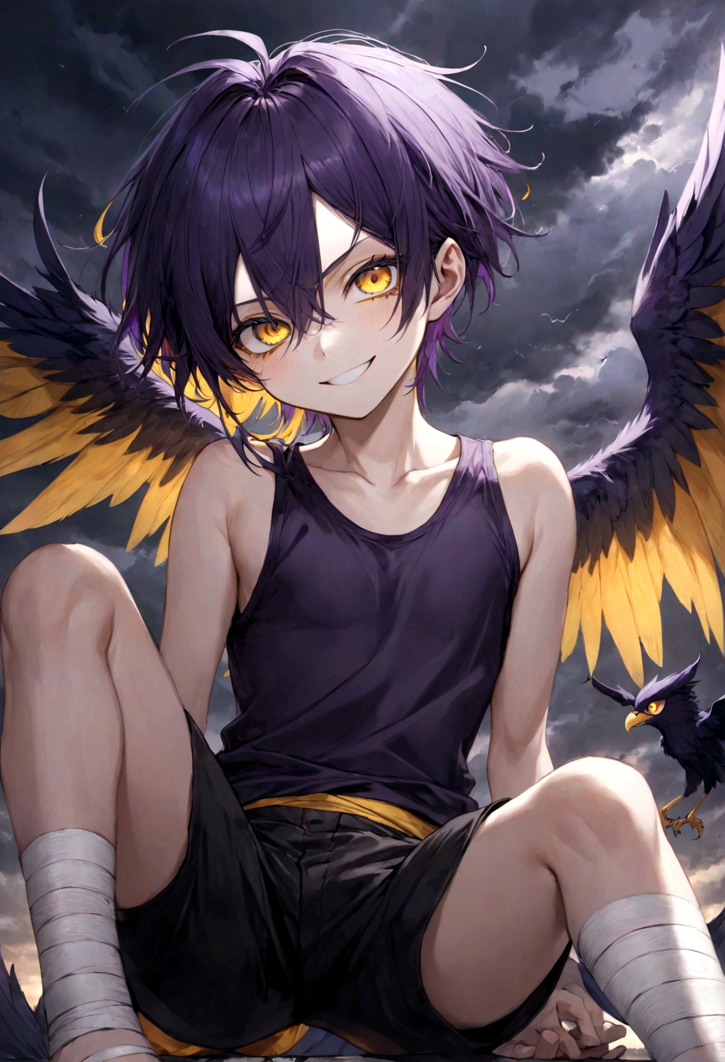 ((top-quality)), ((masterpiece)), ((ultra-detailliert)), (extremely delicate and beautiful), harpy boy, bandages on feet, mischievous smile, dark purple hair, golden eyes, constricted pupils, dark purple wings, well fitted black tank top, dark black shorts, stormy sky background