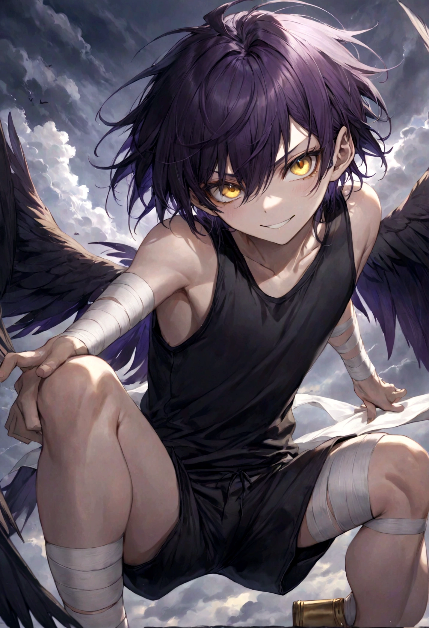 ((top-quality)), ((masterpiece)), ((ultra-detailliert)), (extremely delicate and beautiful), harpy boy, bandages on feet, mischievous smile, dark purple hair, golden eyes, constricted pupils, dark purple wings, well fitted black tank top, dark black shorts, stormy sky background