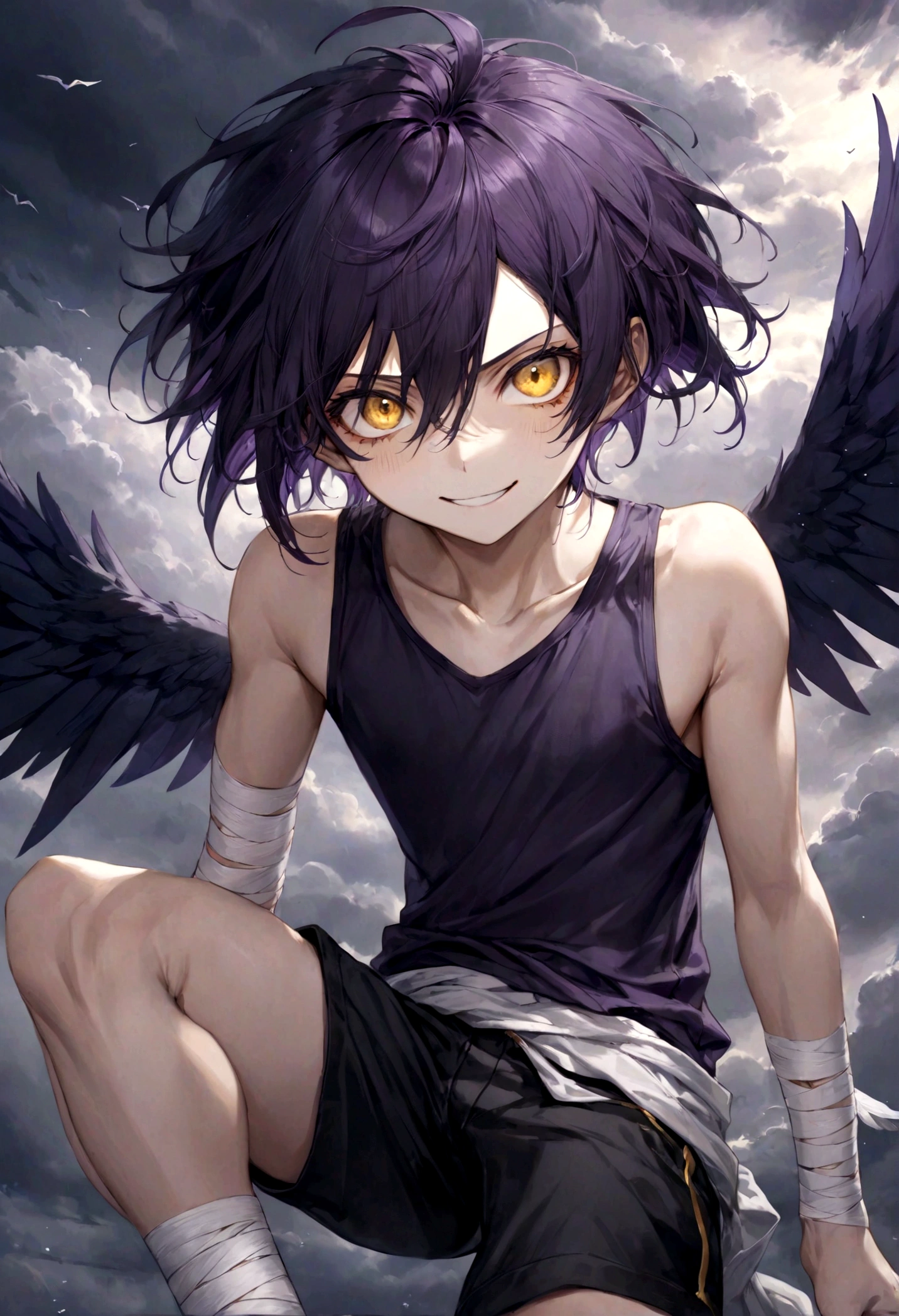 ((top-quality)), ((masterpiece)), ((ultra-detailliert)), (extremely delicate and beautiful), harpy boy, bandages on feet, mischievous smile, dark purple hair, golden eyes, constricted pupils, dark purple wings, well fitted black tank top, dark black shorts, stormy sky background