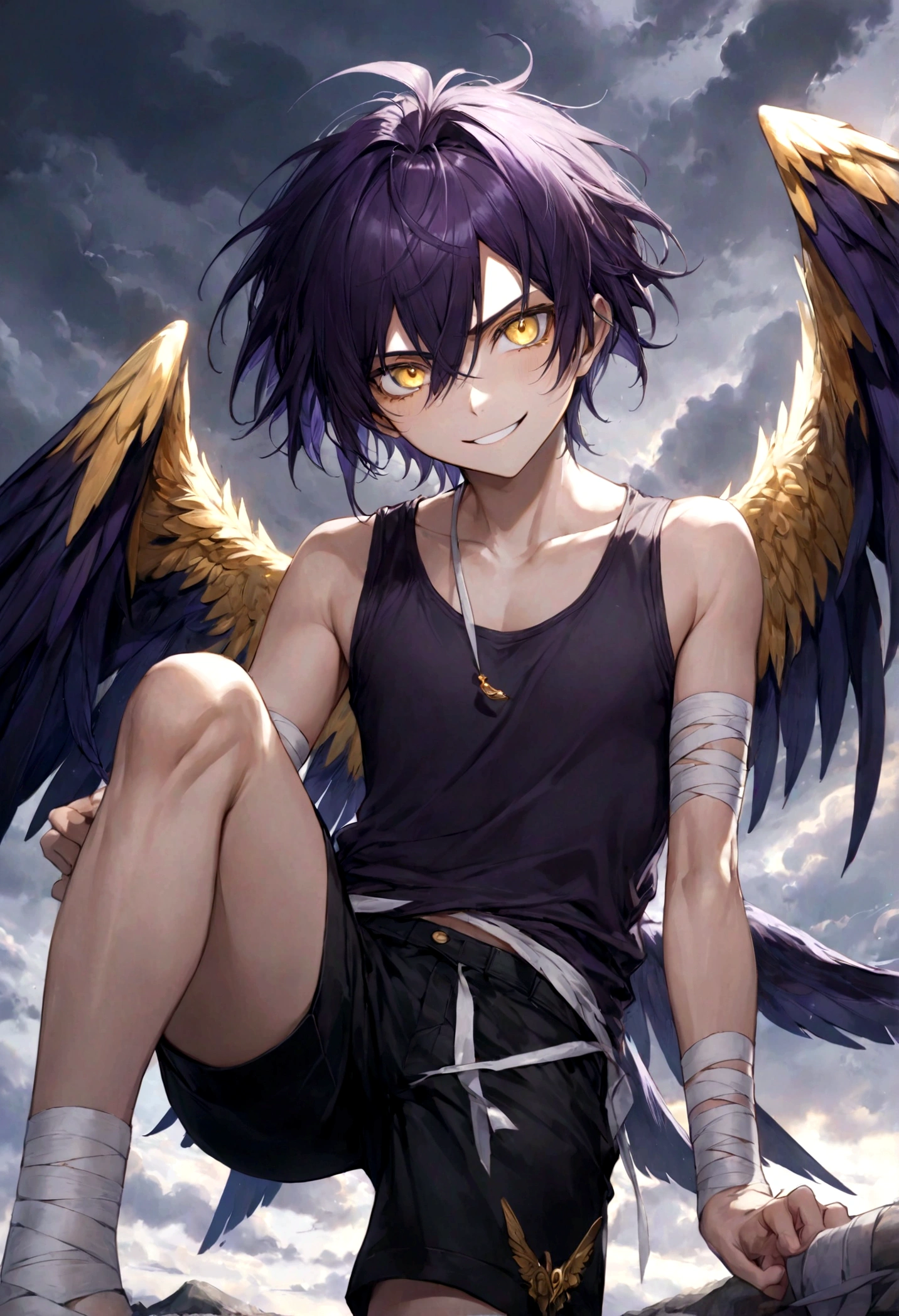 ((top-quality)), ((masterpiece)), ((ultra-detailliert)), (extremely delicate and beautiful), harpy boy, bandages on feet, mischievous smile, dark purple hair, golden eyes, constricted pupils, dark purple wings, well fitted black tank top, dark black shorts, stormy sky background