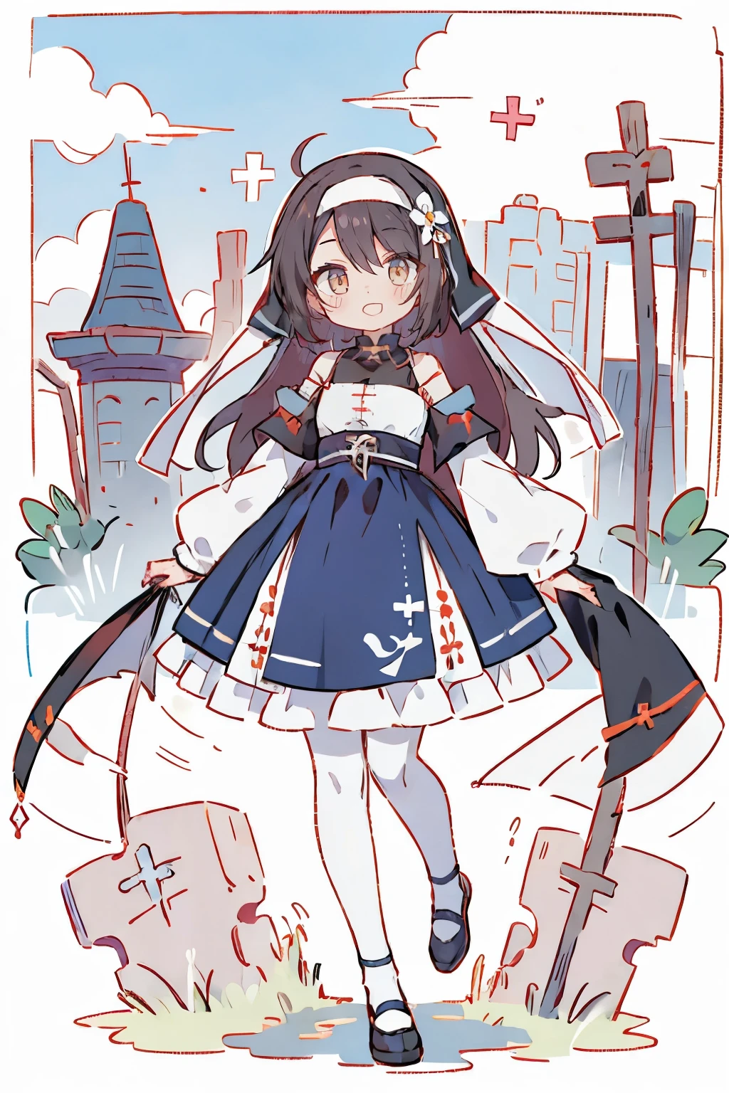 Hui Xiyi, Rekkyo Sensen, fantasy world, ruins, fort, beautiful sky, shining sky, sunshine, 1girl,black footwear,blue dress,choker,closed mouth,dress,eyepatch,frilled dress,frills, long hair,long sleeves,looking at viewer,medical eyepatch,pantyhose,shoes,solo, white legwear,blue clothes,one side up,nun,monk clothes,monk,sister clothes,cross, off-shoulder sleeves, white tights