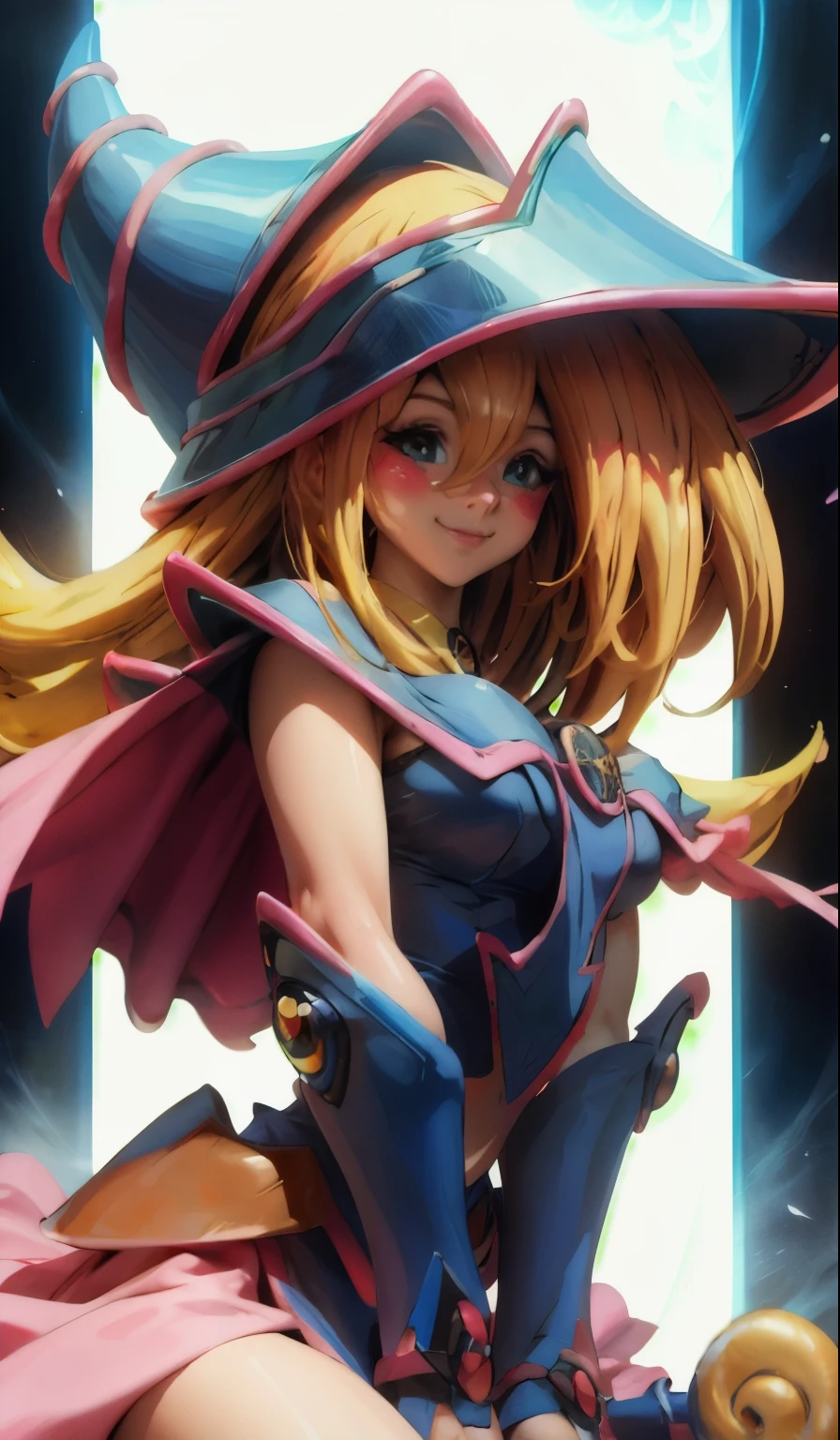 Crear el hermoso rostro de dark magician gils. Ojos azules. Labios rosados. Tez blanca. Cabello rubio. Tender girl smile.  Dark magician gils 