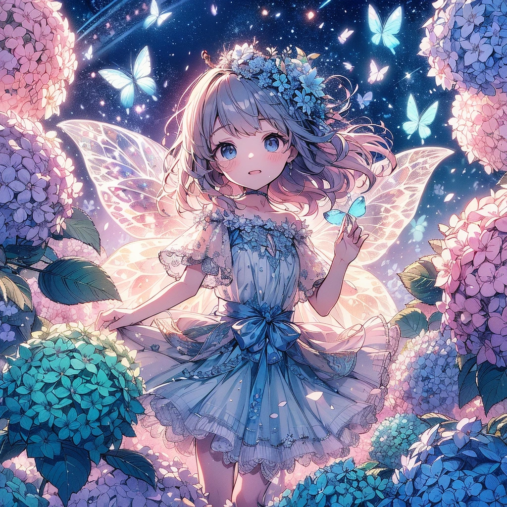 (An exquisite and beautiful highly detailed masterpiece, High quality and high resolution),(A two-dimensional illustration inspired by pixiv, featuring a neat, clear, and well-proportioned face drawn with thin lines, that went viral on Twitter,Cute and delicate beautiful girl illustration in pastel colors) ,A fairy in the shape of a hydrangea stands happily in a fantastical flower garden where hydrangeas are in full bloom under the starry sky.,whole body,Beautiful hydrangea with fluttering petals,(Transparent fairy wings grow from your back), (Beautiful small tiara, earrings and choker),Hydrangea-inspired ball gown dress, Lace and frills inspired by hydrangeas, (Her cheeks are a pale pink, Plump pink lips, And a large bust, She became a fair-skinned girl with a good figure..),Colored pencil art,Vibrant and eye-catching colors,Dynamic Angle