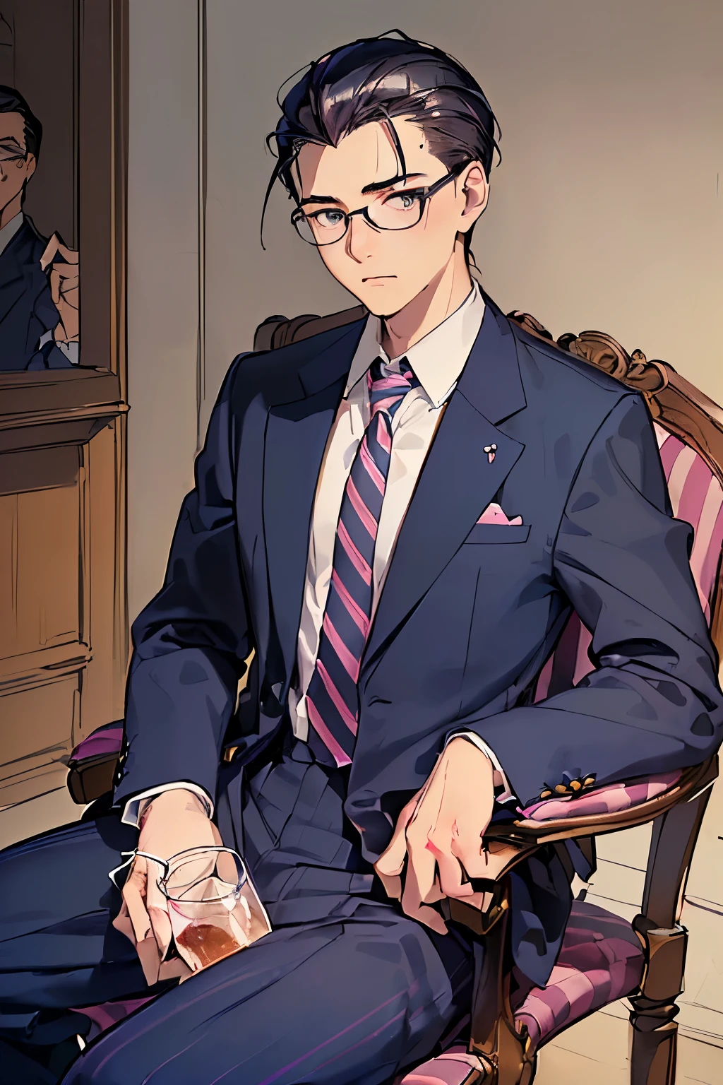 ((highest quality)), ((masterpiece)), ((detailed)), (((Perfect Face))), (((18-year-old with glasses and wearing a navy blue suit and pink striped tie1Boy))), (((Left-handed black hair slicked back))), (((Nervous))), (((big, Big eyes))), (((Sit on a chair and drink in front of you))), (((A dignified face)))