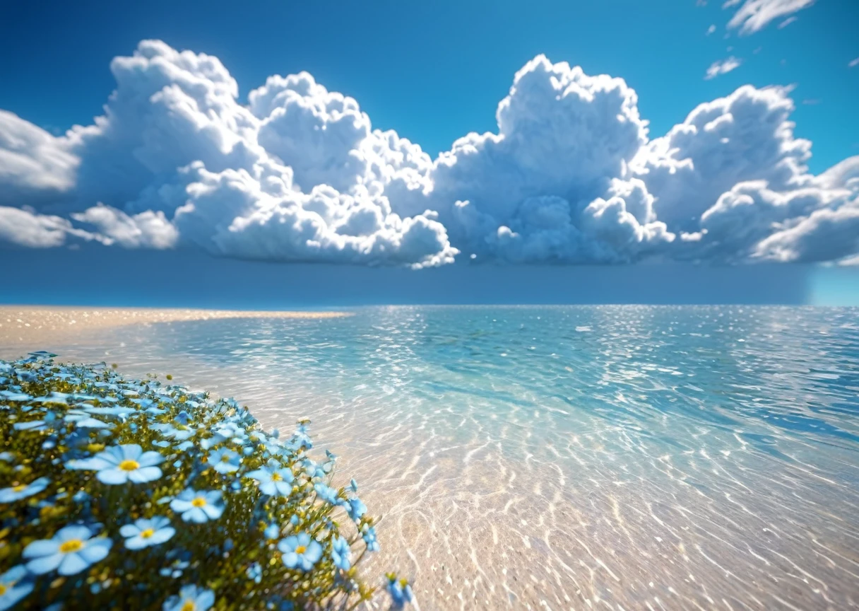 summer, Beach, Some small flowers, Heavenly scenery, Big Clouds, blue sky, Hot Weather, HD detailed, Wet watermark, Super detailed, Cinematic, Surrealism, Soft Light, Deep focus bokeh, Ray Tracing, and Surrealism. --v6 No model