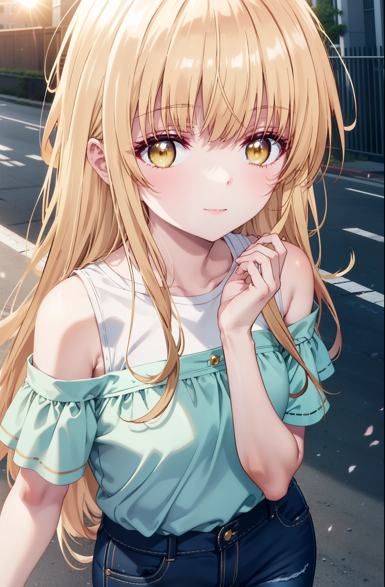 mahirushiina, Mahiru shiina, Long Hair, bangs, Blonde Hair, Brown Hair, (Yellow Eyes:1.3), smile,Cold shoulder tops,Short sleeve,skinny pants,Stiletto heels,Walking,whole bodyがイラストに入るように,morning,morning陽,The sun is rising,
break outdoors, Building district,
break looking at viewer,whole body,
break (masterpiece:1.2), highest quality, High resolution, unity 8k wallpaper, (figure:0.8), (Beautiful fine details:1.6), Highly detailed face, Perfect lighting, Highly detailed CG, (Perfect hands, Perfect Anatomy),