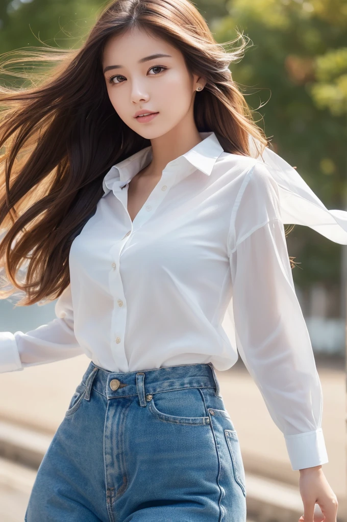 ((highest quality, 8k, Tabletop: 1.3)), whole body, Sharp focus: 1.2, 1 female, 24-years-old, Beautiful woman with perfect figure, cute, shy, Beautiful thighs, ((Straight hair down to the shoulders swaying in the wind)), (White buttoned shirt: 1.1), Highly detailed face and skin texture, Fine grain