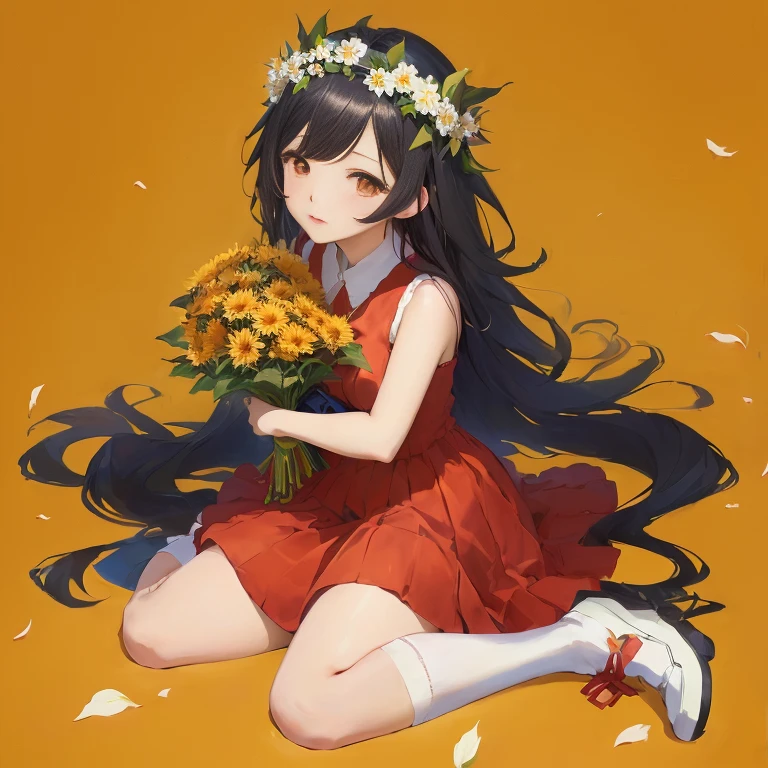 anime girl with long black hair and flower crown sitting on ground, anime moe artstyle, beautiful sunflower anime girl, with flowers, anime visual of a cute girl, hanayamata, marin kitagawa fanart, in dress, high quality anime artstyle, sitting with flowers, rin, holding flowers, flowers in her dark hair