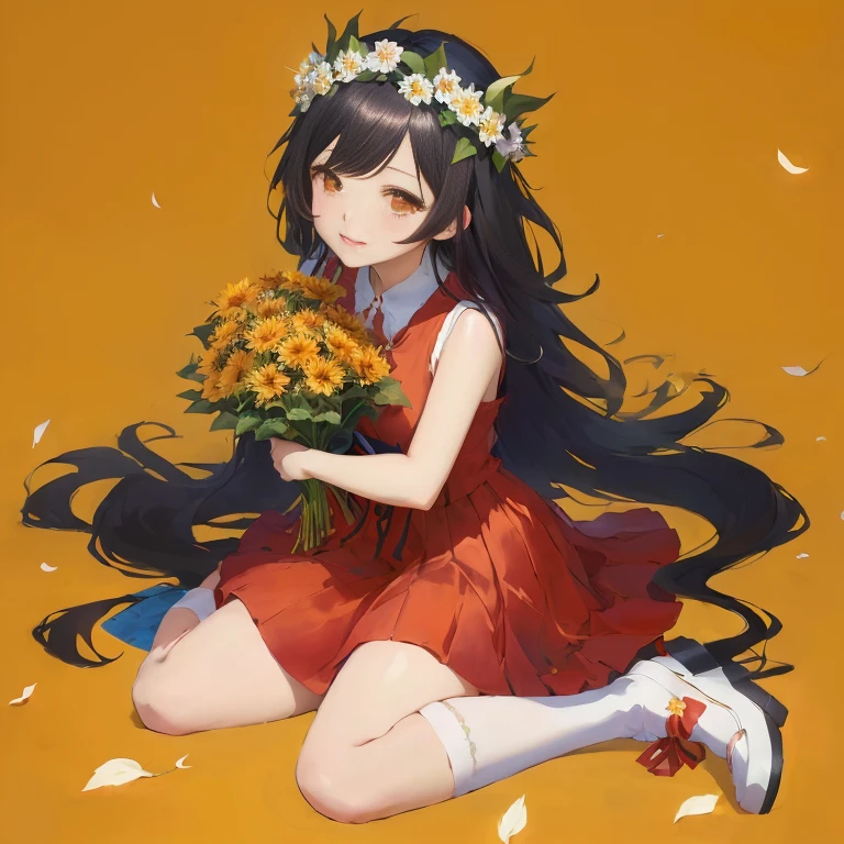 anime girl with long black hair and flower crown sitting on ground, anime moe artstyle, beautiful sunflower anime girl, with flowers, anime visual of a cute girl, hanayamata, marin kitagawa fanart, in dress, high quality anime artstyle, sitting with flowers, rin, holding flowers, flowers in her dark hair