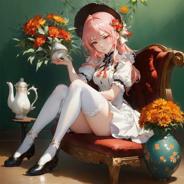 anime girl sitting on a chair holding a vase of flowers, guweiz on pixiv artstation, cushart krenz key art feminine, guweiz on artstation pixiv, , anime girl in a maid costume, guweiz, official art, artwork in the style of guweiz, krenzcushart
