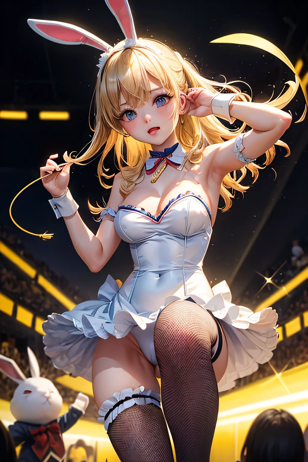 (Photorealistic:1.8, highest quality:1.8,8K masterpiece:1.8,High resolution,Mastepiece:1.8,RAW Photos,Cinematic lighting),No split screen、Brilliant lights、dance hall、(Dancing Bunny Girl)、Zooming in on parts、Angle from below、 (Real skin texture:1.3)、(Shortcuts、Blonde Hair)、Woman's Costume(choker、Bunny Girl Suit、Knee-high fishnet socks、Rabbit's Tail)、Crotch close-up、((Perfect female body))、 Esbian all over、(Random Sexy Poses:1.3、thrust one's hips upward、Stick your hips out to the camera:2.3)、cameltoe、(Beautiful expression、Beautiful Face、Beautiful Eyes、A rich expression、smile)、 (Immersive atmosphere、Chiaroscuro:1.5、Bright light:1.2、Bright lighting)、Realistic:1.3、Long Shot、The woman is naked、woman is nude、Adult video shoot