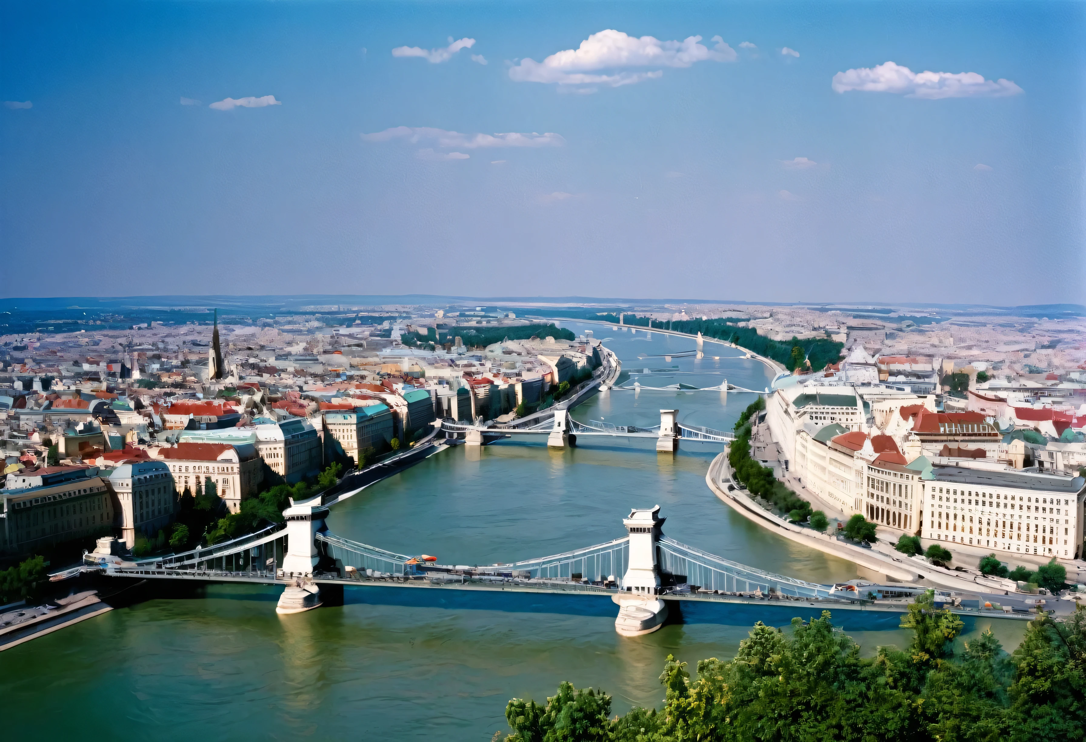Aerial view of the river,There is a bridge and a building in the background, Budapest, author:Joseph Navatier, author:Eugenius Zack, author:Hans Fischer, author:Karl Völker, Austria-Hungary, European River, author:Werner Guzert, Color photos, Color photos of the 1960s, author:Kurt Seligman, panoramic