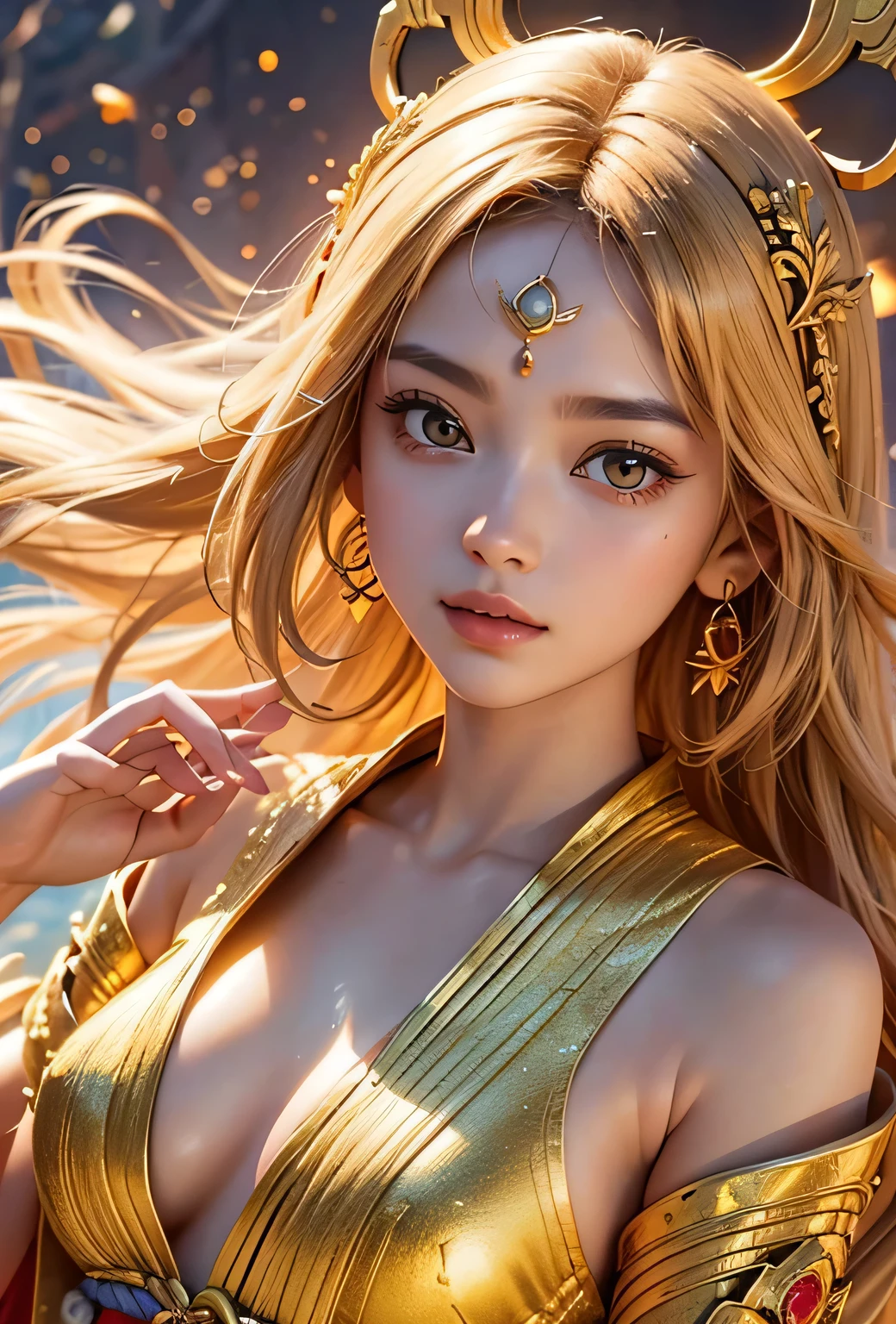 "Child of the Sun, Goddess of Love": Within a sacred sanctuary bathed in sunlight, depict the figure of a sun goddess who governs love, facing forward and emanating divine radiance. She is a , around 3 years old. Zoom in to focus on her face, with a gleaming orb of light in her hands, representing the life-giving power of the sun. Her hair is shimmering gold, and she is wearing a traditional miko outfit as seen in Japanese shrines. The background should be predominantly gold, evoking a sense of divine splendor, with numerous heart-themed objects expressing the beauty of love. The setting is in heaven, enveloped in soft, bright light, where one can find tranquility and peace of mind, free from any trace of anxiety.