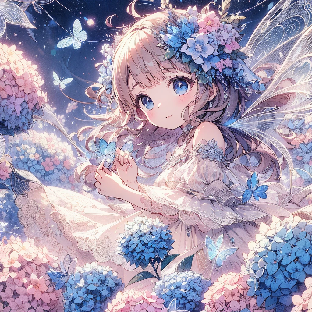 (An exquisite and beautiful highly detailed masterpiece, High quality and high resolution),(A two-dimensional illustration inspired by pixiv, featuring a neat, clear, and well-proportioned face drawn with thin lines, that went viral on Twitter,Cute and delicate beautiful girl illustration in pastel colors) ,A fairy in the shape of a hydrangea stands happily in a fantastical flower garden where hydrangeas are in full bloom under the starry sky.,whole body,Beautiful hydrangea with fluttering petals,(Transparent fairy wings grow from your back), (Beautiful small tiara, earrings and choker),Hydrangea-inspired ball gown dress, Lace and frills inspired by hydrangeas, (Her cheeks are a pale pink, Plump pink lips, And a large bust, She became a fair-skinned girl with a good figure..),Colored pencil art,Vibrant and eye-catching colors,Dynamic Angle