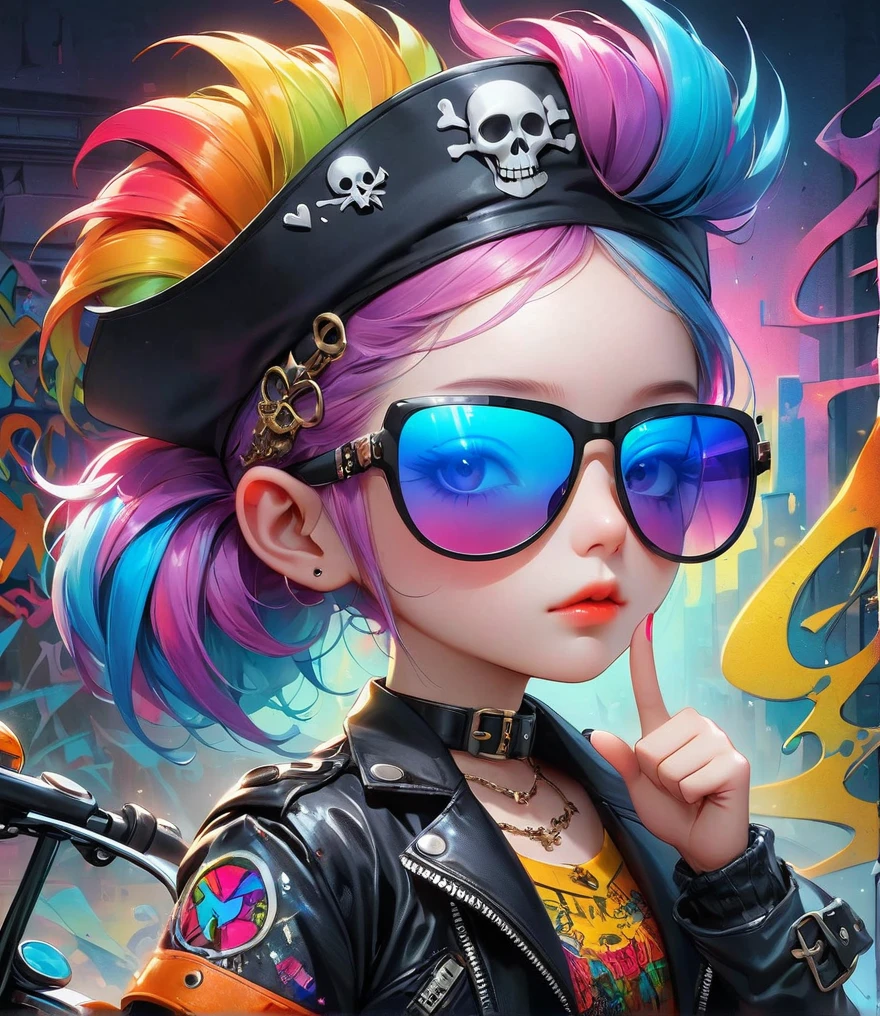Punk style, Fantasy Gothic, ((The most rebellious bad girl in history)), 1girl, ((solo)), (((Stylish sunglasses))), Pirate hat, Lips in love, Skull Fashion, Neon, Short iridescent hair, Rainbow fabric, Biker Jacket, Bodysuit, Gold pattern, Ancient runes, Metal nails, (Middle finger raised:1.3), Standing in front of a motorcycle skull graffiti art background, Add whimsy to the scene, To enhance the sharpness and modernity of the scene, Sharp lines, Bold brushstroke numbers, Surrealism, Conceptual art, Futurism, UHD, masterpiece, accurate, anatomically correct, textured skin, super detail, high details, award winning, 8k