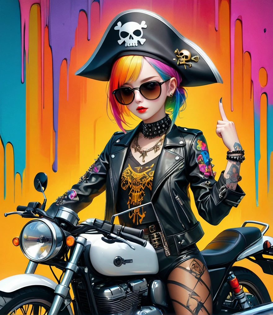 Punk style, Fantasy Gothic, ((The most rebellious bad girl in history)), 1girl, ((solo)), (((Stylish sunglasses))), Pirate hat, Lips in love, Skull Fashion, Neon, Short iridescent hair, Rainbow fabric, Biker Jacket, Bodysuit, Gold pattern, Ancient runes, Metal nails, (Middle finger raised:1.3), Standing in front of a motorcycle skull graffiti art background, Add whimsy to the scene, To enhance the sharpness and modernity of the scene, Sharp lines, Bold brushstroke numbers, Surrealism, Conceptual art, Futurism, UHD, masterpiece, accurate, anatomically correct, textured skin, super detail, high details, award winning, 8k