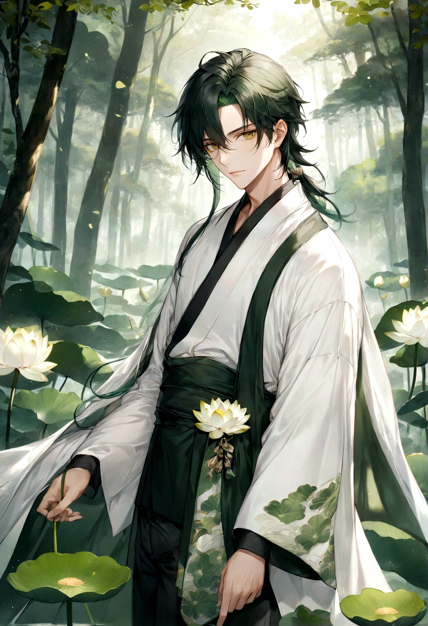 ((top-quality)), ((masterpiece)), ((ultra-detailliert)), (extremely delicate and beautiful), handsome man, dark green hair, golden eyes, serene expression, wearing wuxia styled robes, sleeves are sheer and silky, white sleeves, white robes with green patterns, lotus flowers on robe, dark pants, forest background