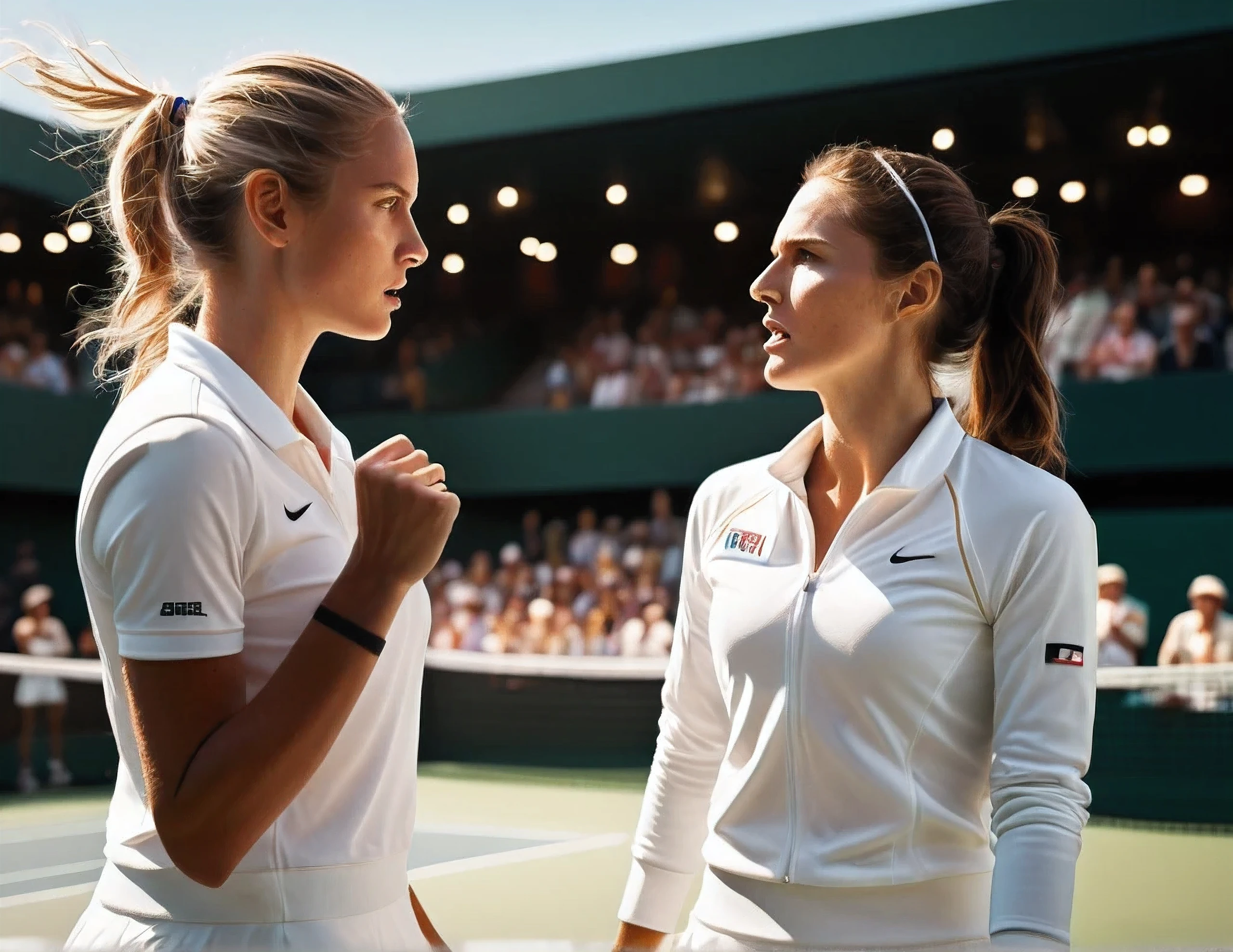 Prompt: Create a cinematic art-style image of a tennis finals match between two women wearing white. The image should be in 225k UHDR quality with realistic detail, capturing a 12D cinema effect. The scene should have dynamic lighting, realistic shadows, and intricate textures, emphasizing the intensity and excitement of the match. Both players should be depicted in mid-action, showcasing their athleticism and concentration.
Style and Details:
• Cinematic art-style
• 225k UHDR quality
• Realistic detail
• 12D cinema effect
• Tennis finals between two women
• Both players wearing white outfits
• Dynamic lighting and realistic shadows
• Intricate textures and intense atmosphere
• Mid-action shot, highlighting athleticism and concentration