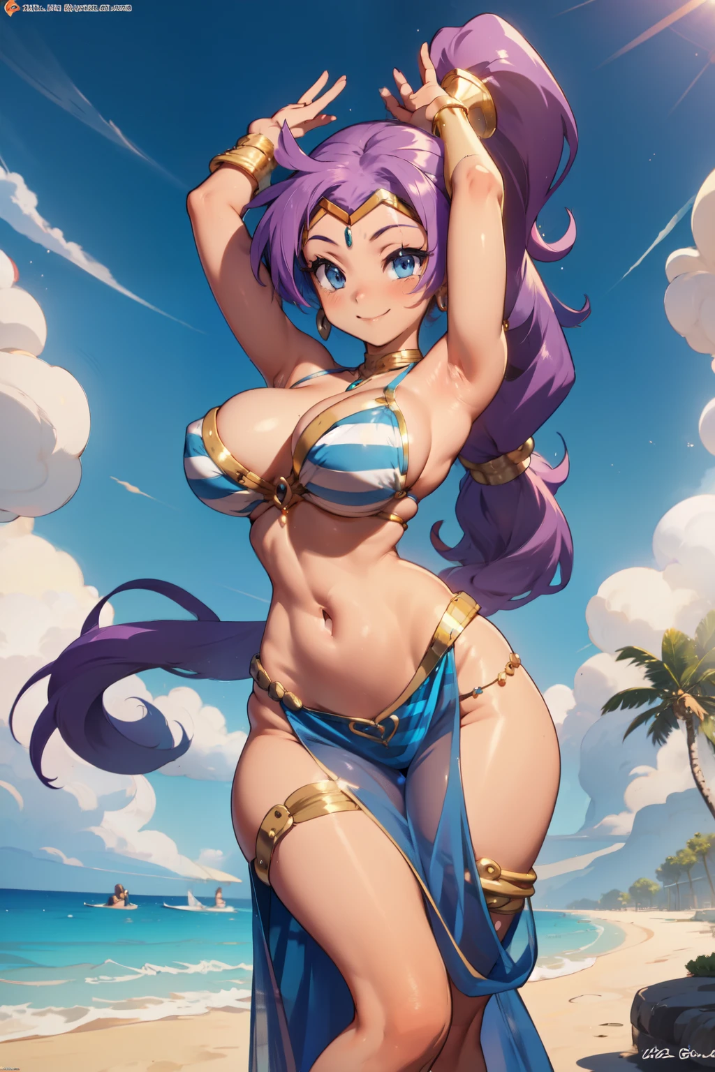 masterpiece, high quality, best quality, shantae, very long hair, ponytail, white-blue striped bikini, looking at viewer, beach, smile, wide hips, large breasts, belly dancing, dancing, hip sway