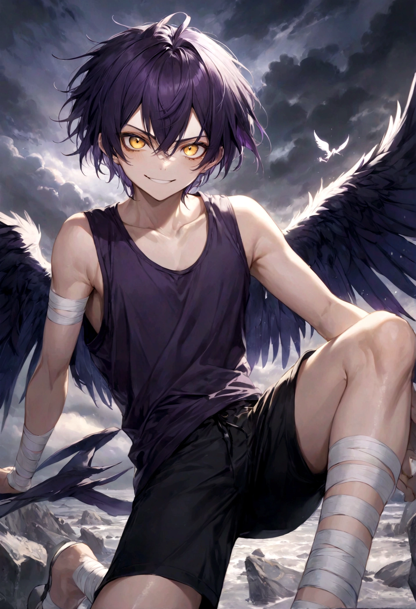 ((top-quality)), ((masterpiece)), ((ultra-detailliert)), (extremely delicate and beautiful), harpy boy, bandages on feet, mischievous smile, dark purple hair, golden eyes, constricted pupils, dark purple wings, well fitted black tank top, dark black shorts, stormy sky background