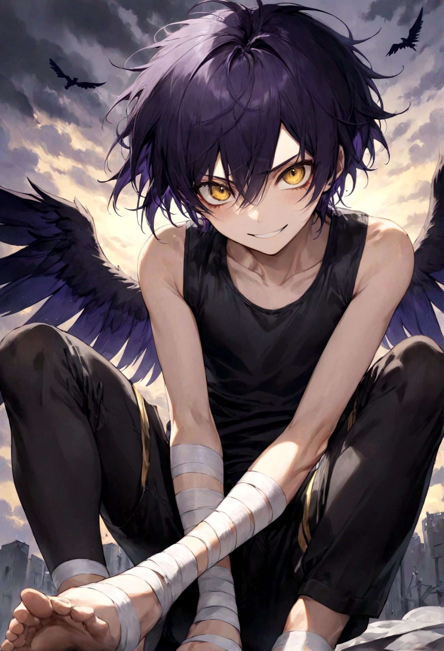 ((top-quality)), ((​masterpiece)), ((ultra-detailliert)), (extremely delicate and beautiful), harpy boy, bandages on feet, mischievous smile, dark purple hair, golden eyes, constricted pupils, dark purple wings, well fitted black tank top, dark black shorts, stormy sky background