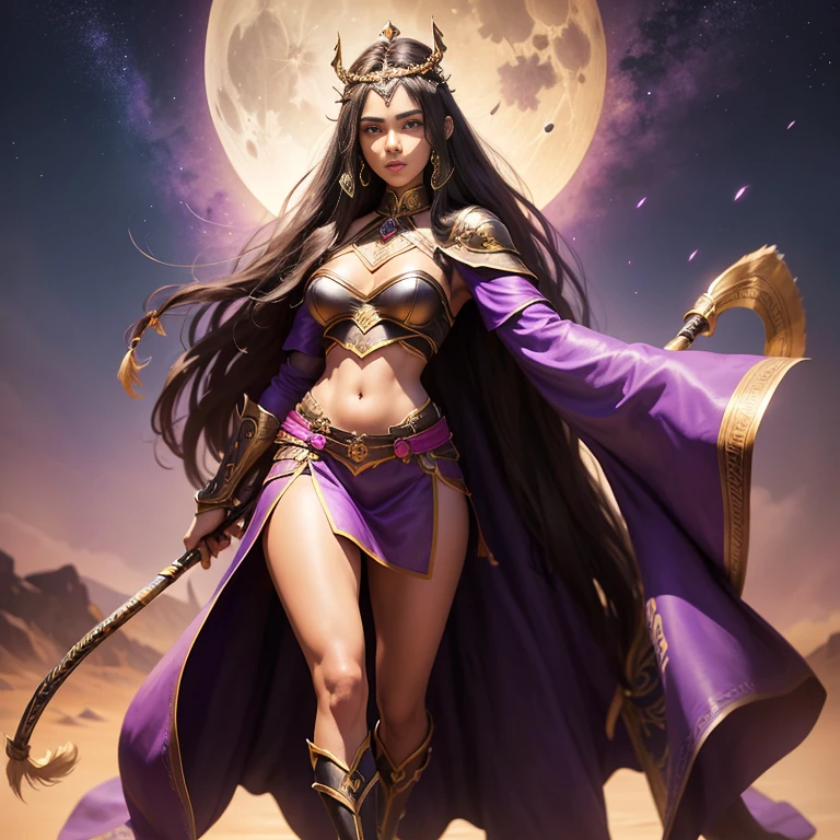 Full body brown skin brunette female black long hair amazoness wearing a purple leather mini armor, wearing a crown, beautiful, tall and thin, latin beauty, archer lady, holding a bow, full moon in the night background