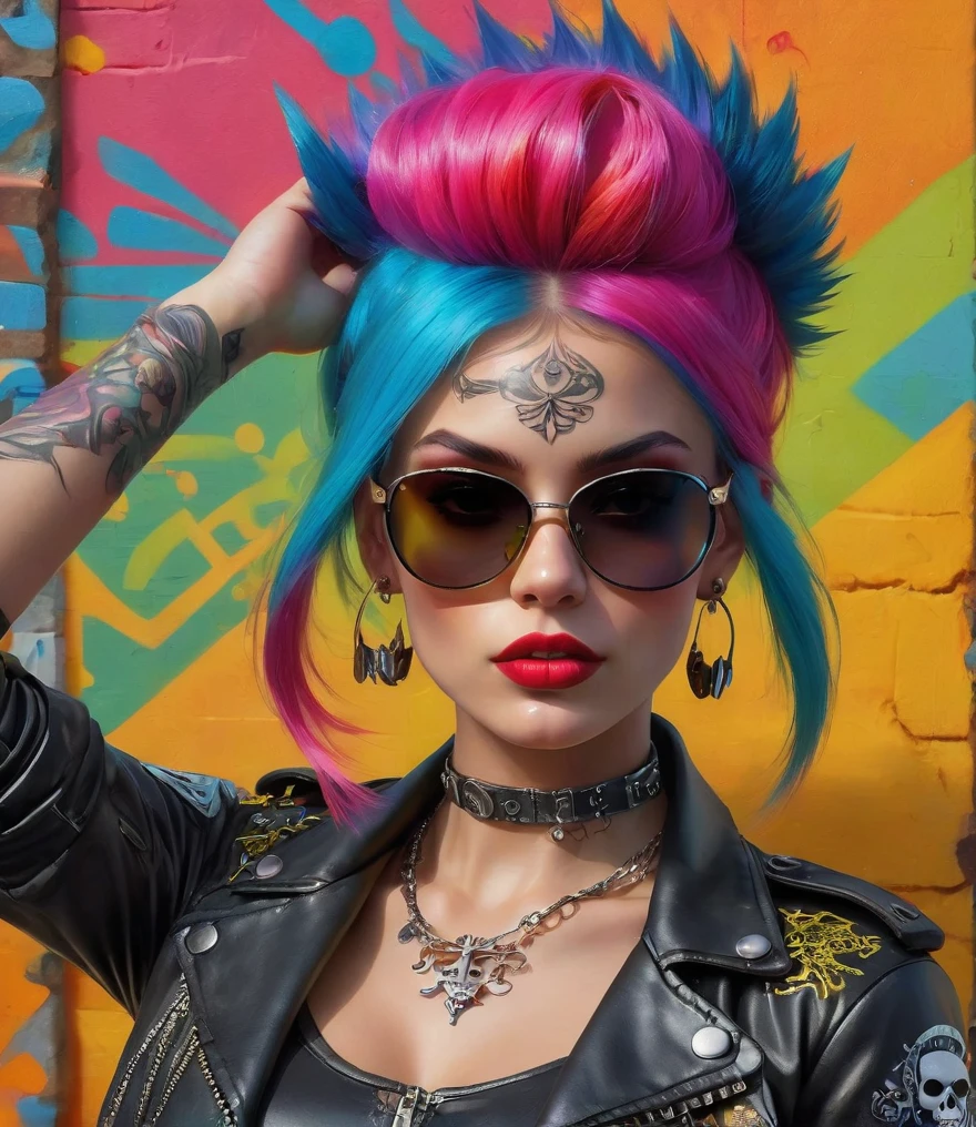 Punk style, Fantasy Gothic, ((The most rebellious bad girl in history)), 1girl, ((solo)), (((Stylish sunglasses))), Pirate hat, Lips in love, Skull Fashion, Neon, Short iridescent hair, Rainbow fabric, Biker Jacket, Bodysuit, Gold pattern, Ancient runes, Metal nails, (Middle finger raised:1.3), Standing in front of a motorcycle skull graffiti art background, Add whimsy to the scene, To enhance the sharpness and modernity of the scene, Sharp lines, Bold brushstroke numbers, Surrealism, Conceptual art, Futurism, UHD, masterpiece, accurate, anatomically correct, textured skin, super detail, high details, award winning, 8k