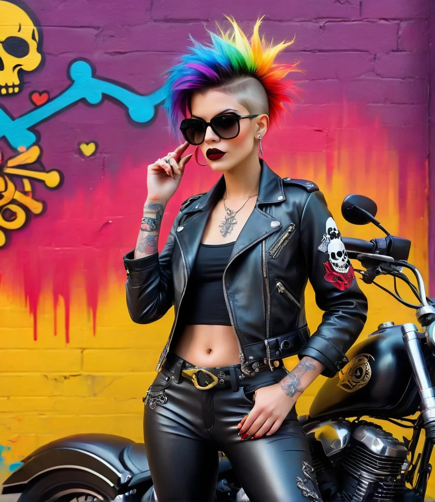 Punk style, Fantasy Gothic, ((The most rebellious bad girl in history)), 1girl, ((solo)), (((Stylish sunglasses))), Pirate hat, Lips in love, Skull Fashion, Neon, Short iridescent hair, Rainbow fabric, Biker Jacket, Bodysuit, Gold pattern, Ancient runes, Metal nails, (Middle finger raised:1.3), Standing in front of a motorcycle skull graffiti art background, Add whimsy to the scene, To enhance the sharpness and modernity of the scene, Sharp lines, Bold brushstroke numbers, Surrealism, Conceptual art, Futurism, UHD, masterpiece, accurate, anatomically correct, textured skin, super detail, high details, award winning, 8k