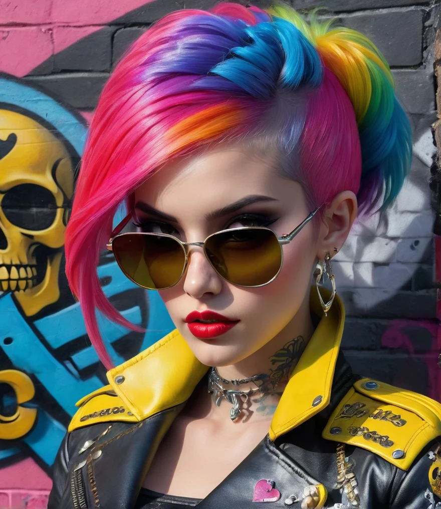 Punk style, Fantasy Gothic, ((The most rebellious bad girl in history)), 1girl, ((solo)), (((Stylish sunglasses))), Pirate hat, Lips in love, Skull Fashion, Neon, Short iridescent hair, Rainbow fabric, Biker Jacket, Bodysuit, Gold pattern, Ancient runes, Metal nails, (Middle finger raised:1.3), Standing in front of a motorcycle skull graffiti art background, Add whimsy to the scene, To enhance the sharpness and modernity of the scene, Sharp lines, Bold brushstroke numbers, Surrealism, Conceptual art, Futurism, UHD, masterpiece, accurate, anatomically correct, textured skin, super detail, high details, award winning, 8k