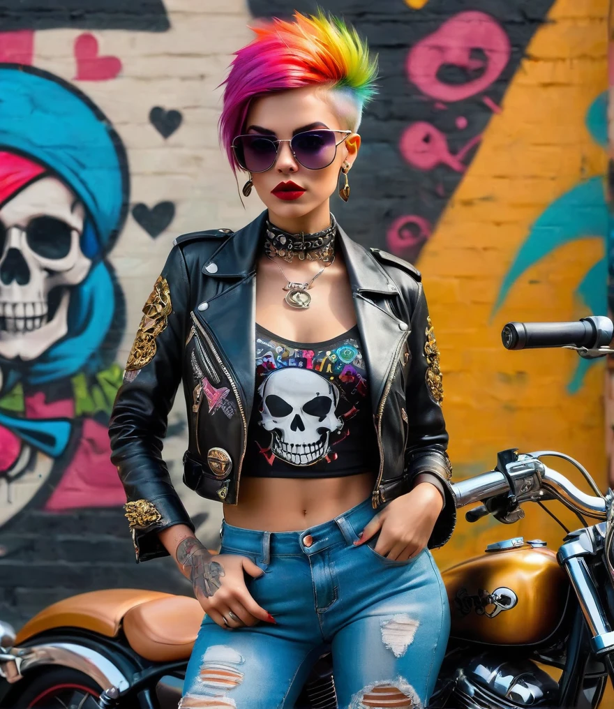 Punk style, Fantasy Gothic, ((The most rebellious bad girl in history)), 1girl, ((solo)), (((Stylish sunglasses))), Pirate hat, Lips in love, Skull Fashion, Neon, Short iridescent hair, Rainbow fabric, Biker Jacket, Bodysuit, Gold pattern, Ancient runes, Metal nails, (Middle finger raised:1.3), Standing in front of a motorcycle skull graffiti art background, Add whimsy to the scene, To enhance the sharpness and modernity of the scene, Sharp lines, Bold brushstroke numbers, Surrealism, Conceptual art, Futurism, UHD, masterpiece, accurate, anatomically correct, textured skin, super detail, high details, award winning, 8k