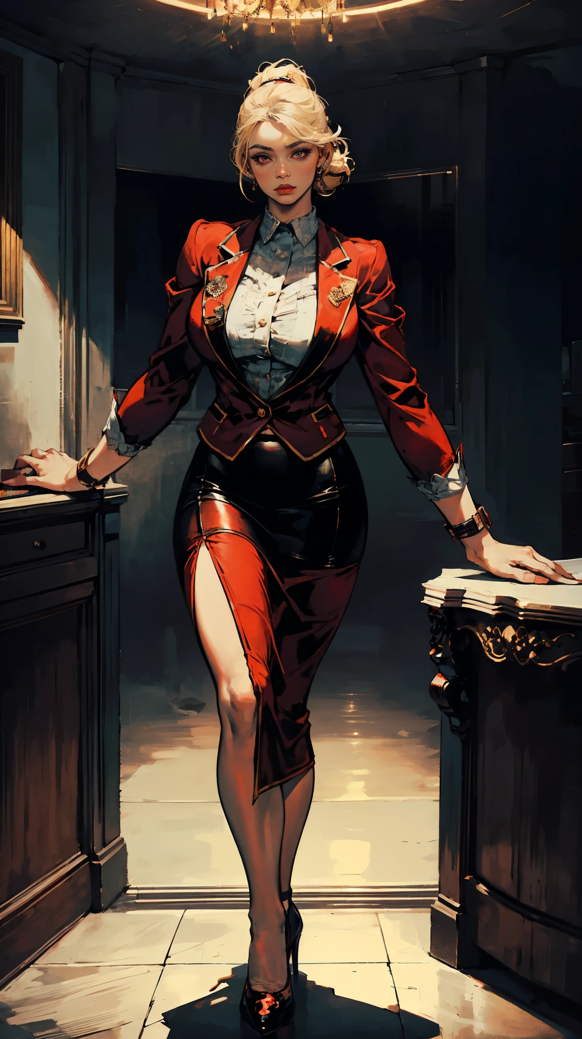 (Best quality, 4K, high resolution, masterpiece:1.2), ultra-detailed, realistic (photo-realistic:1.37), 34 years old, Russian office lady, (wearing red velvet blazer jacket over a crisp white blouse pair with red velvet short pencil skirt with front-slit), blonde ponytail hair, black heels, perfect make up, c cup breasts, toned slim body, flat abs, hourglass body, customer welcome pose, bank background. Sharp focus on details, modern environment, striking visual impact, confidently poised, aura of professionalism, symbol of reliability, high-end lifestyle, extraordinary charisma.