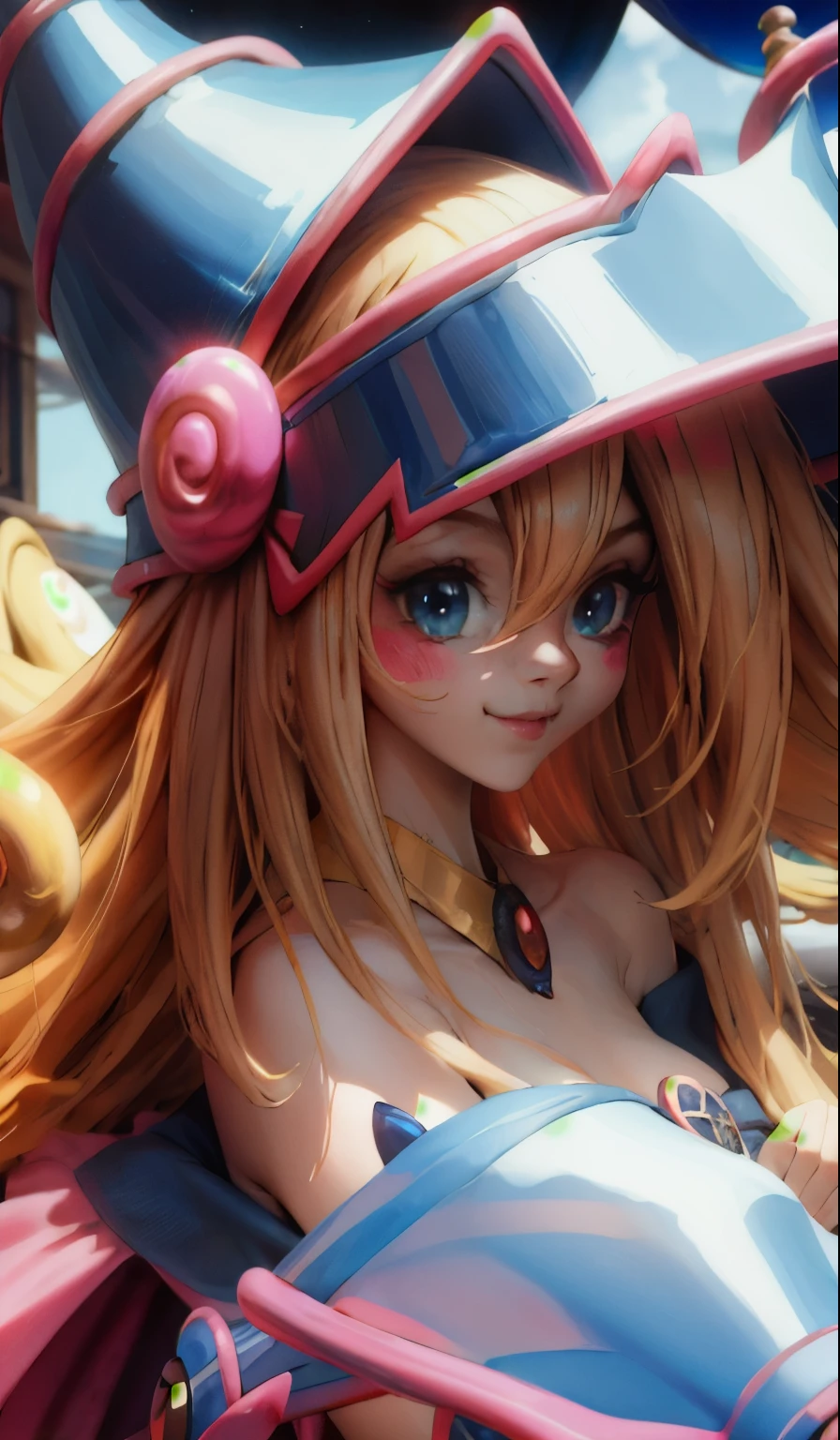 Crear el hermoso rostro de dark magician gils. Ojos azules. Labios rosados. Tez blanca. Cabello rubio. Tender girl smile. Dark magician gils