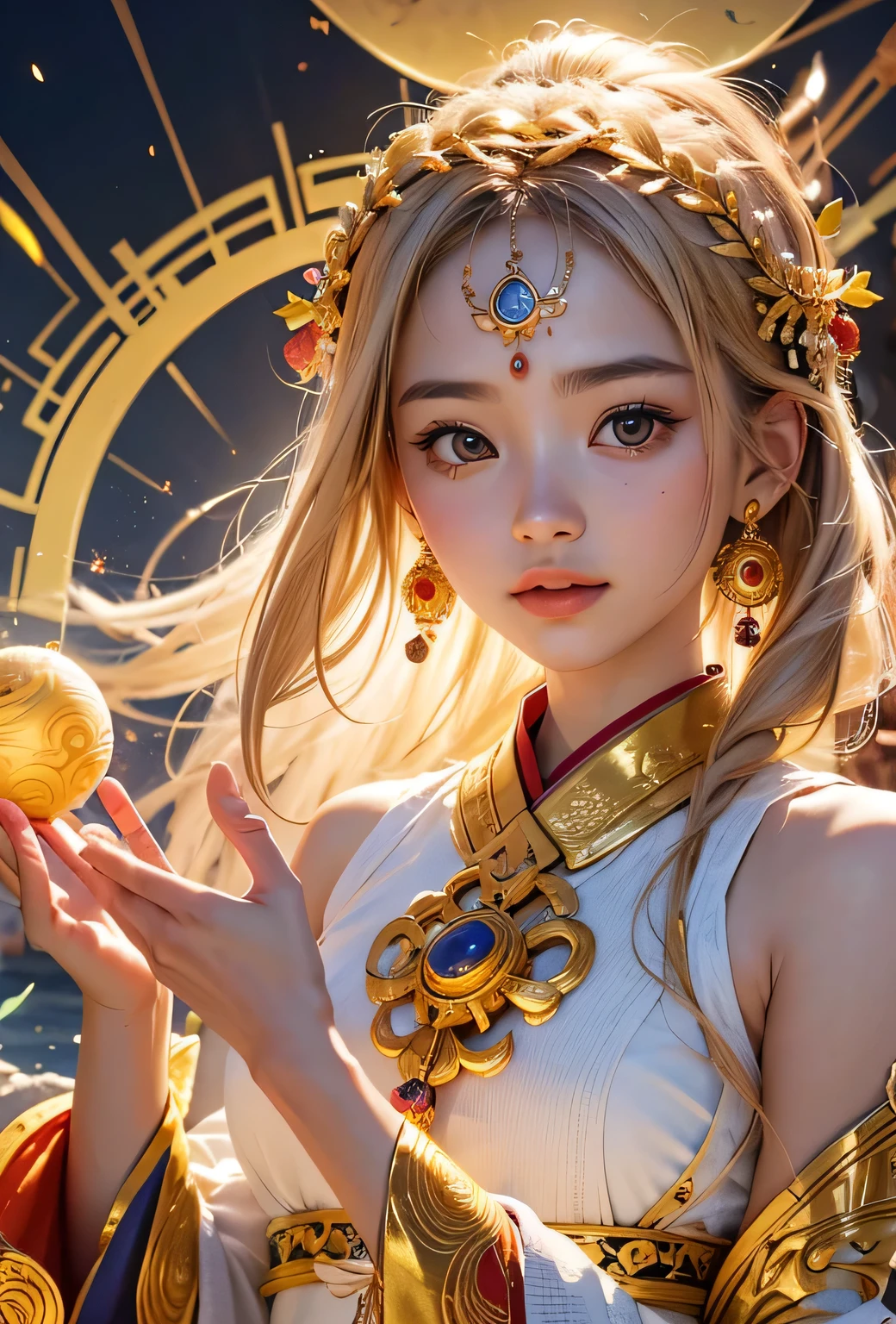 "Child of the Sun, Goddess of Love": Within a sacred sanctuary bathed in sunlight, depict the figure of a sun goddess who governs love, facing forward and emanating divine radiance. She is a , around 3 years old. Zoom in to focus on her face, with a gleaming orb of light in her hands, representing the life-giving power of the sun. Her hair is shimmering gold, and she is wearing a traditional miko outfit as seen in Japanese shrines. The background should be predominantly gold, evoking a sense of divine splendor, with numerous heart-themed objects expressing the beauty of love. The setting is in heaven, enveloped in soft, bright light, where one can find tranquility and peace of mind, free from any trace of anxiety.