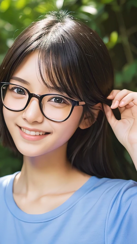 Japanese、18-year-old、Very slim、((Smiling))、Summer clothing、Glasses