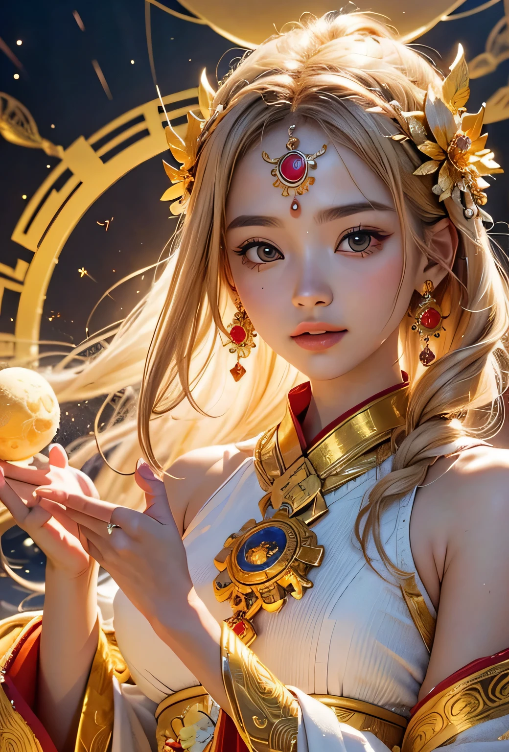 "Child of the Sun, Goddess of Love": Within a sacred sanctuary bathed in sunlight, depict the figure of a sun goddess who governs love, facing forward and emanating divine radiance. She is a , around 3 years old. Zoom in to focus on her face, with a gleaming orb of light in her hands, representing the life-giving power of the sun. Her hair is shimmering gold, and she is wearing a traditional miko outfit as seen in Japanese shrines. The background should be predominantly gold, evoking a sense of divine splendor, with numerous heart-themed objects expressing the beauty of love. The setting is in heaven, enveloped in soft, bright light, where one can find tranquility and peace of mind, free from any trace of anxiety.