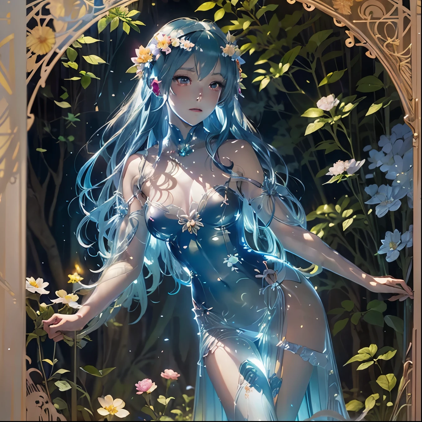 Anime girl with blue hair and flowers in her hair, Detailed digital anime art, Alphonse Mucha and Rosdrose, Exquisite digital illustrations, Beautiful artwork illustration, Digital art on pixiv, Inspired by Ross Tran, Very detailed fan art, Lostland Style, Beautiful digital illustrations, Moebius + Barbaric + Wow, Ross Tran style, Anime fantasy illustration